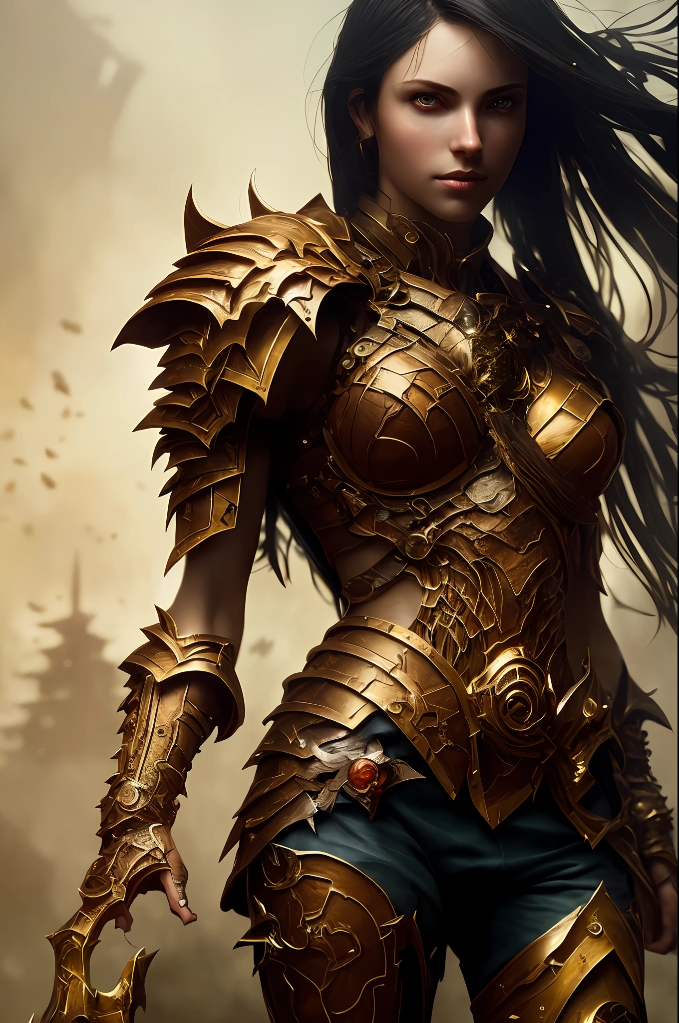 One (full body: 1.3) shot with 8k resolution, splash art, fantastic comic book style, photorealistic, intense visual, anatomical portrait of photorealistic digital painting of a (beautiful young woman and perfect anatomy: 1.3) human (warrior: 1.3) in intricate black and gold (heavy armor: 1.3) in one (dark and temperamental universe: 1.3), particle of light, very detailed skin,  Samurai, very detailed eyes, (Elden Ring style: 1.3), (Warhammer style: 1.1), conceptual artist, global lighting, depth of field, splash art, art by Artgerm and Greg Rutkowski and Viktoria Gavrilenko