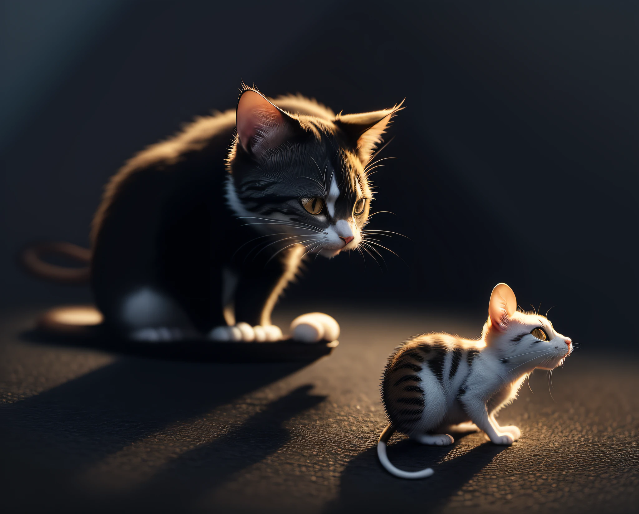 There is a cat watching a mouse on a white background, mouse and cat hybrid, mouse, rodent, pet, cat design, real-life Tom and Jerry, mouse photo, minimalist digital image.