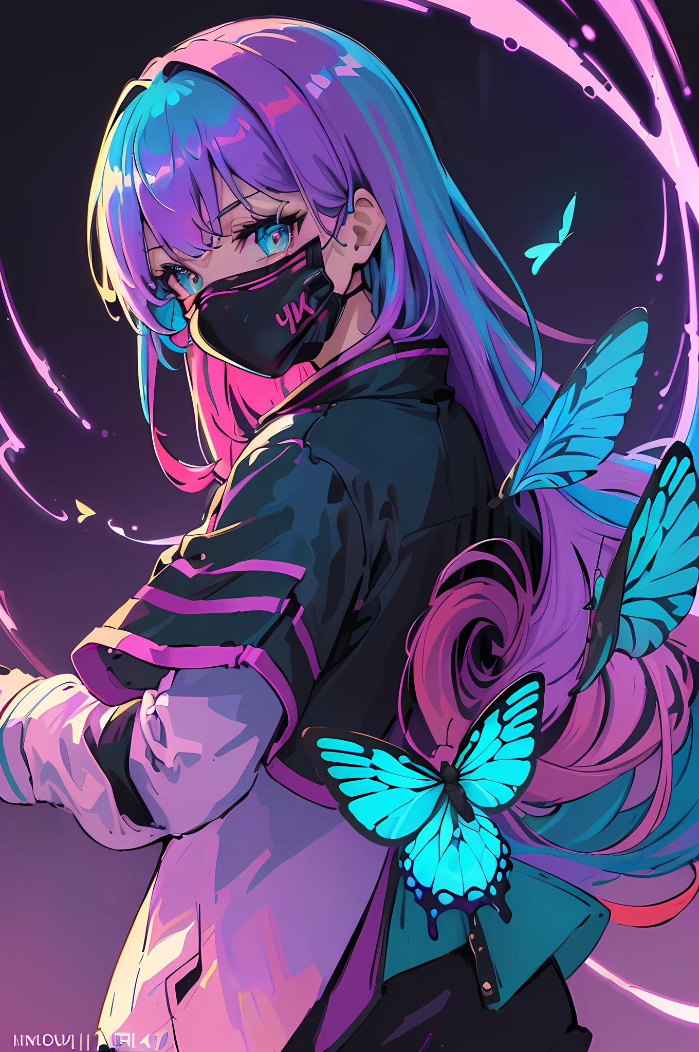 (((masterpiece, best quality, illustration, extremely detailed, 8k, 4k, 2k))), (1girl), ((shiny hair, multicolored hair)), ((iridescent hair)), ((face mask) ), ((teal neon light)), ((hands behind back)), (black jacket), (((purple retro background))), (looking at viewer), (black pants), ((butterflies )), (looking at viewer), (upper body)
