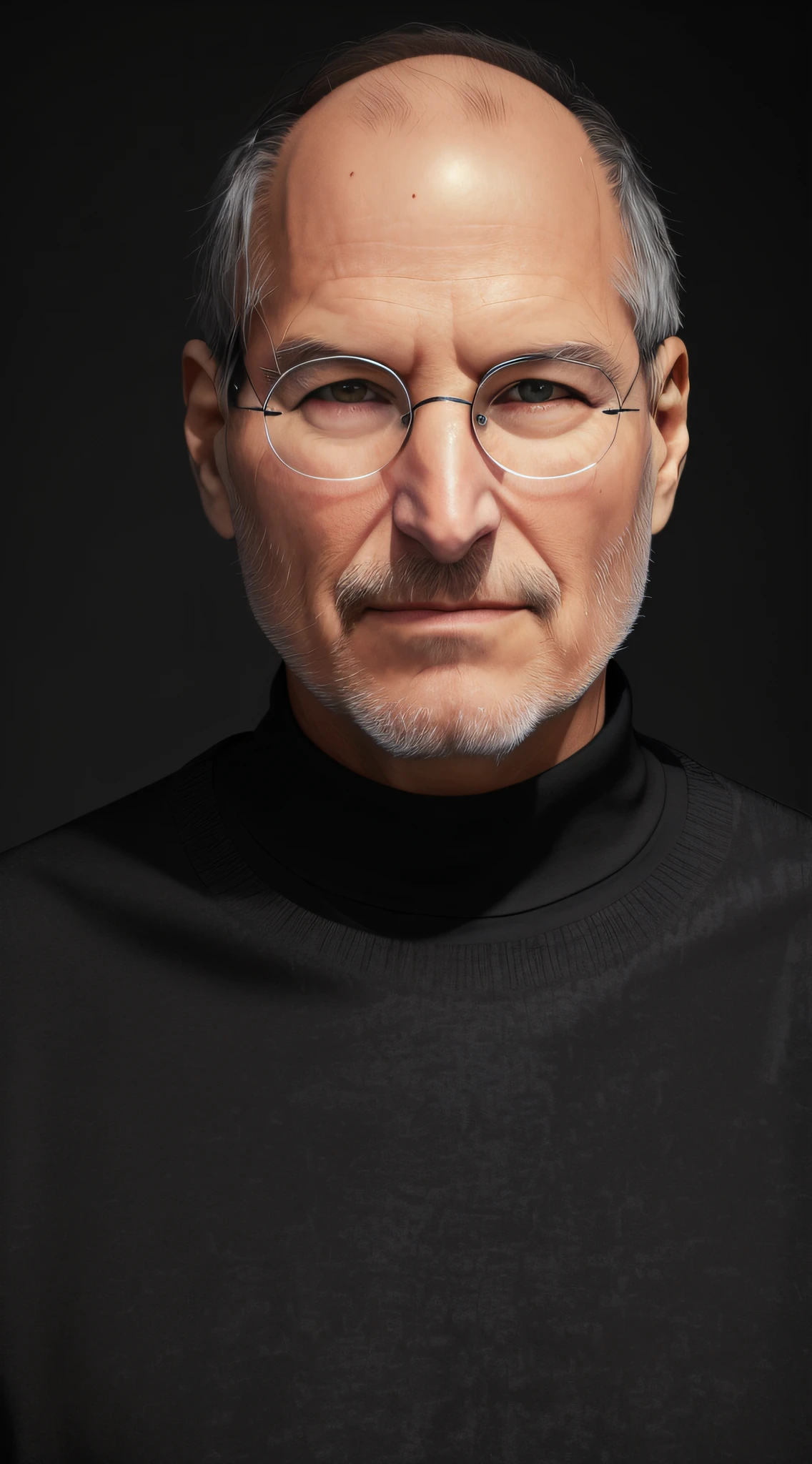 Old male, 1man, very Steve Jobs, very confident, generous, frowning, no hair, black turtleneck shirt, black shirt, simple shirt, black outfit, simple framed glasses, facing front, portrait, 4k, high-res, masterpiece, best quality, sharp focus (cinematic lighting) --auto --s2