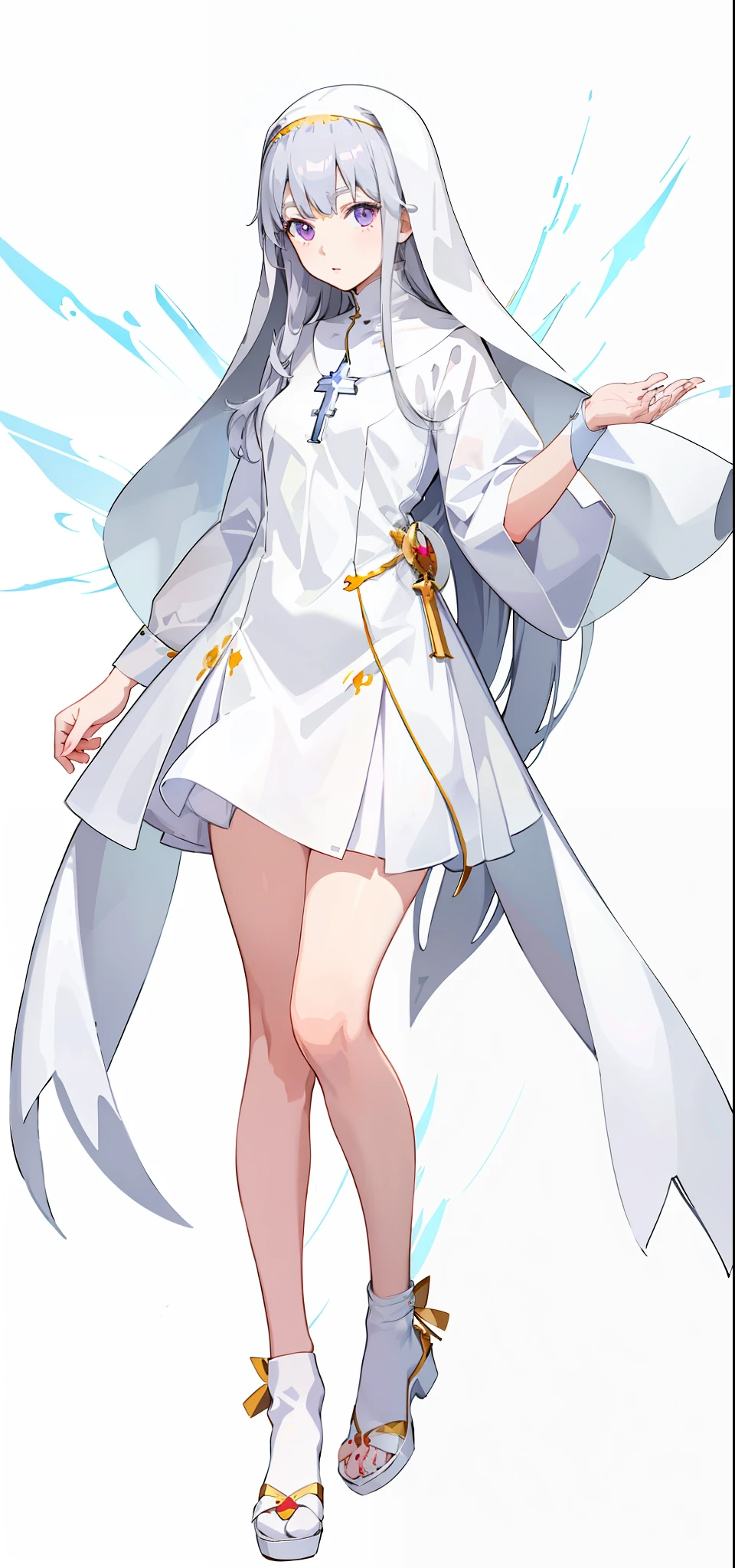 Anime girl in white nun dress, anime full body illustration, cute anime beautiful skirt, anime woman full body art, full body portrait of shorts! , white dress!! Silver hair, beautiful anime character design, digital art on pixiv,!! Full body portrait!, full body illustration, cross necklace, purple eyes