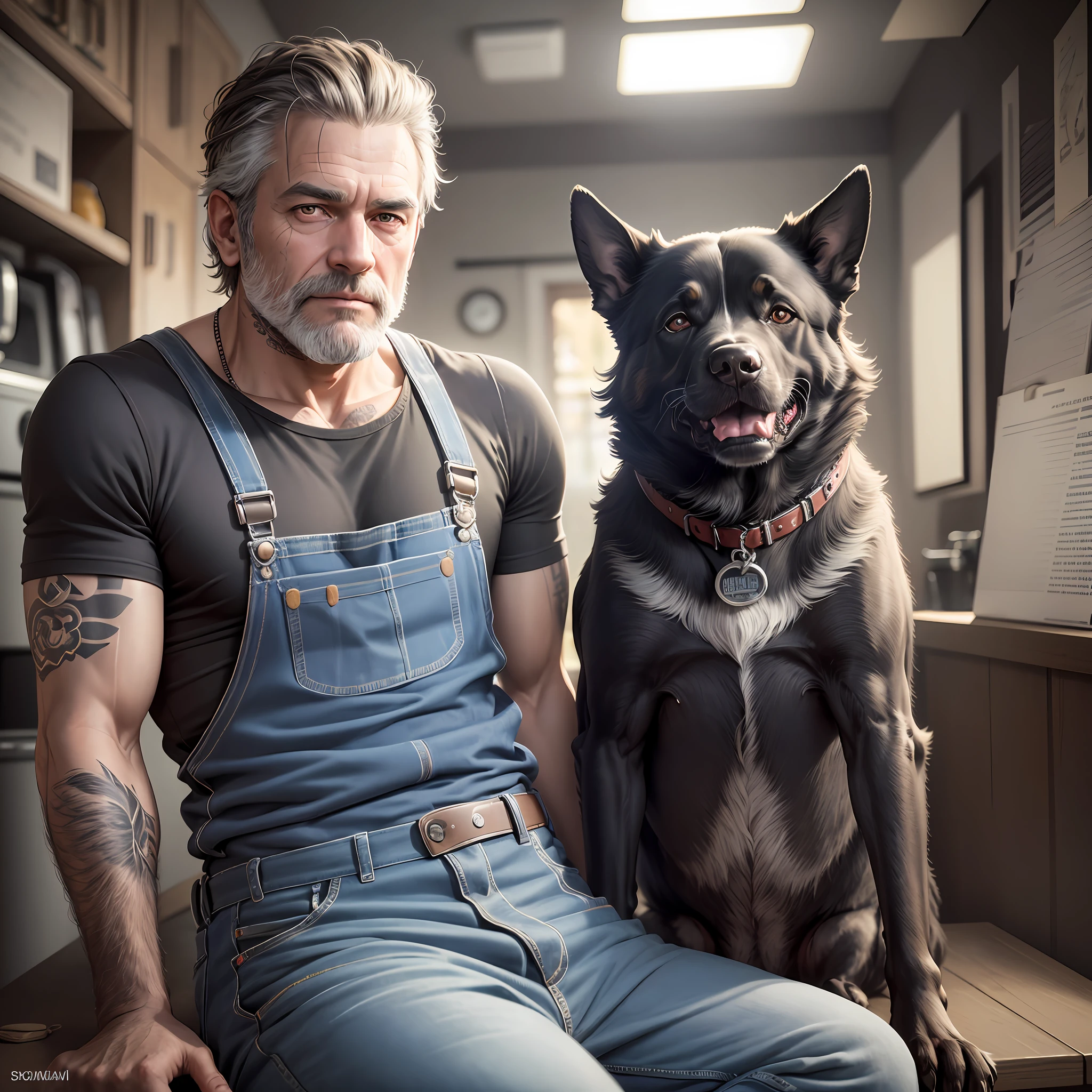 RAW, Masterpiece, Ultra Fine Photo,, Best Quality, Ultra High Resolution, Photorealistic Photorealism, Sunlight, Full Body Portrait, Male Middle-Aged Uncle, Dynamic Pose, Beard, Tattoo on Arm, Scar under Right Eye, Vibrant Eyes, (sitting), He wears casual overalls, T-shirt, Very detailed background, Detailed face, Detailed complex busy background, Messy, Dark complexion, Highly detailed skin, Realistic skin details, Visible pores, Sharp focus, Volume fog, 8k uhd, DSLR camera, high quality, film grain, photo realism, lomography, (black dog companionship), (dog on the left), camera, huge metropolis in future dystopia, --auto --s2