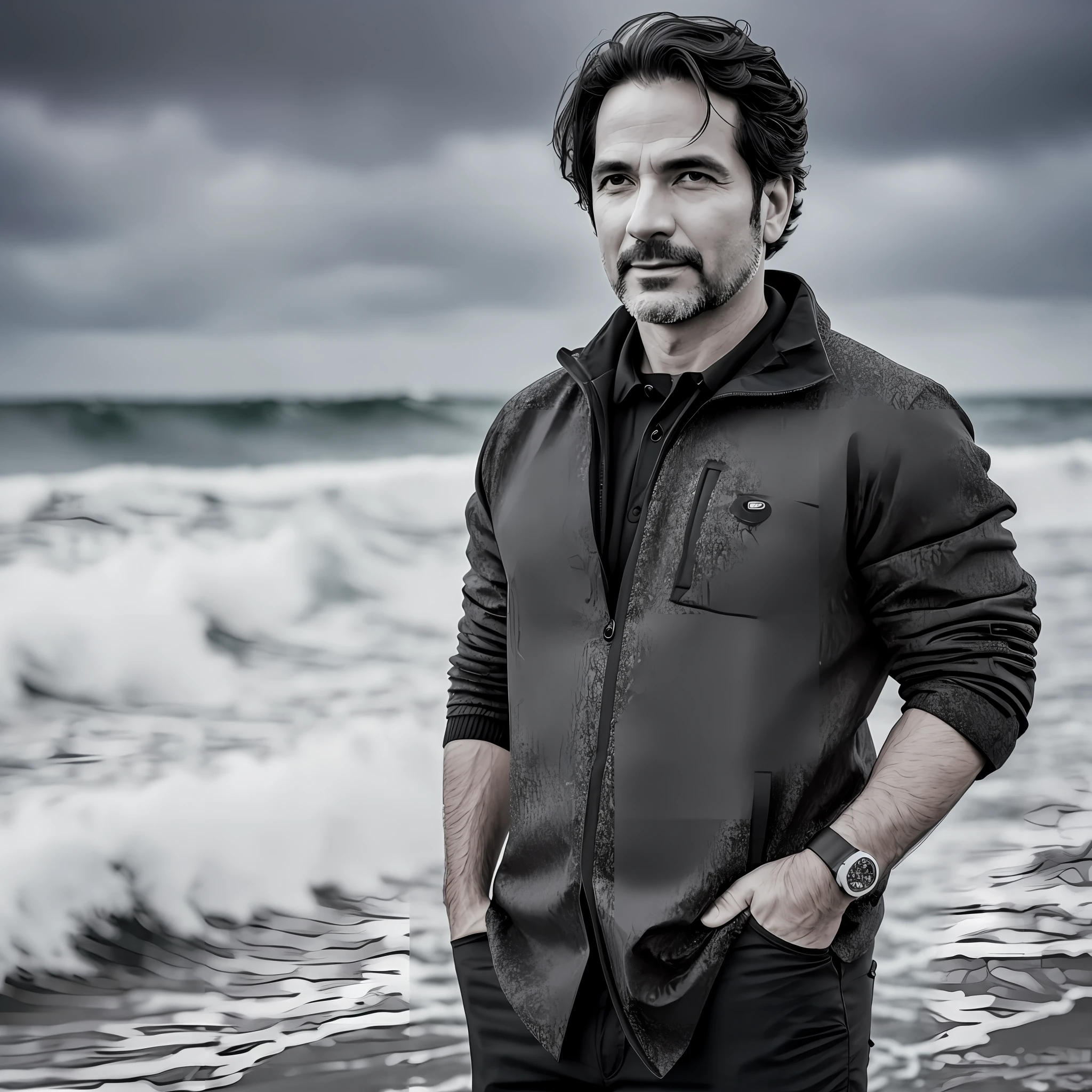 black and white photo of a 42-year-old man in black clothes, face, half body, body, highly detailed skin, skin pores, coastline, cloudy weather, wind, waves, 8k uhd, Dslr, soft lighting, high quality, film grain, Fujifilm XT3
 INFO
Size
576X960
Date
May 12, 2023
Kind --auto --s2