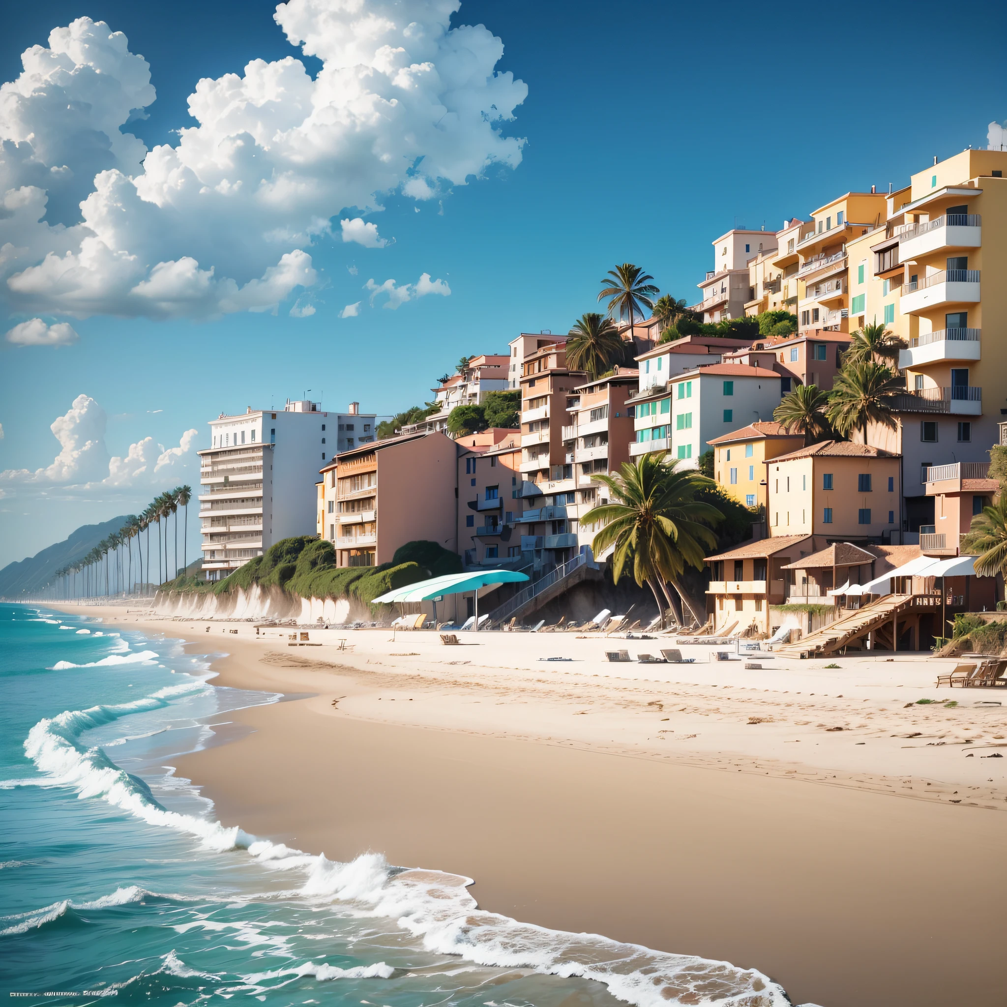 Please generate an image of a sandy beach in Italy with several hotel and resort buildings damaged by a sea storm and floods. --auto --s2
