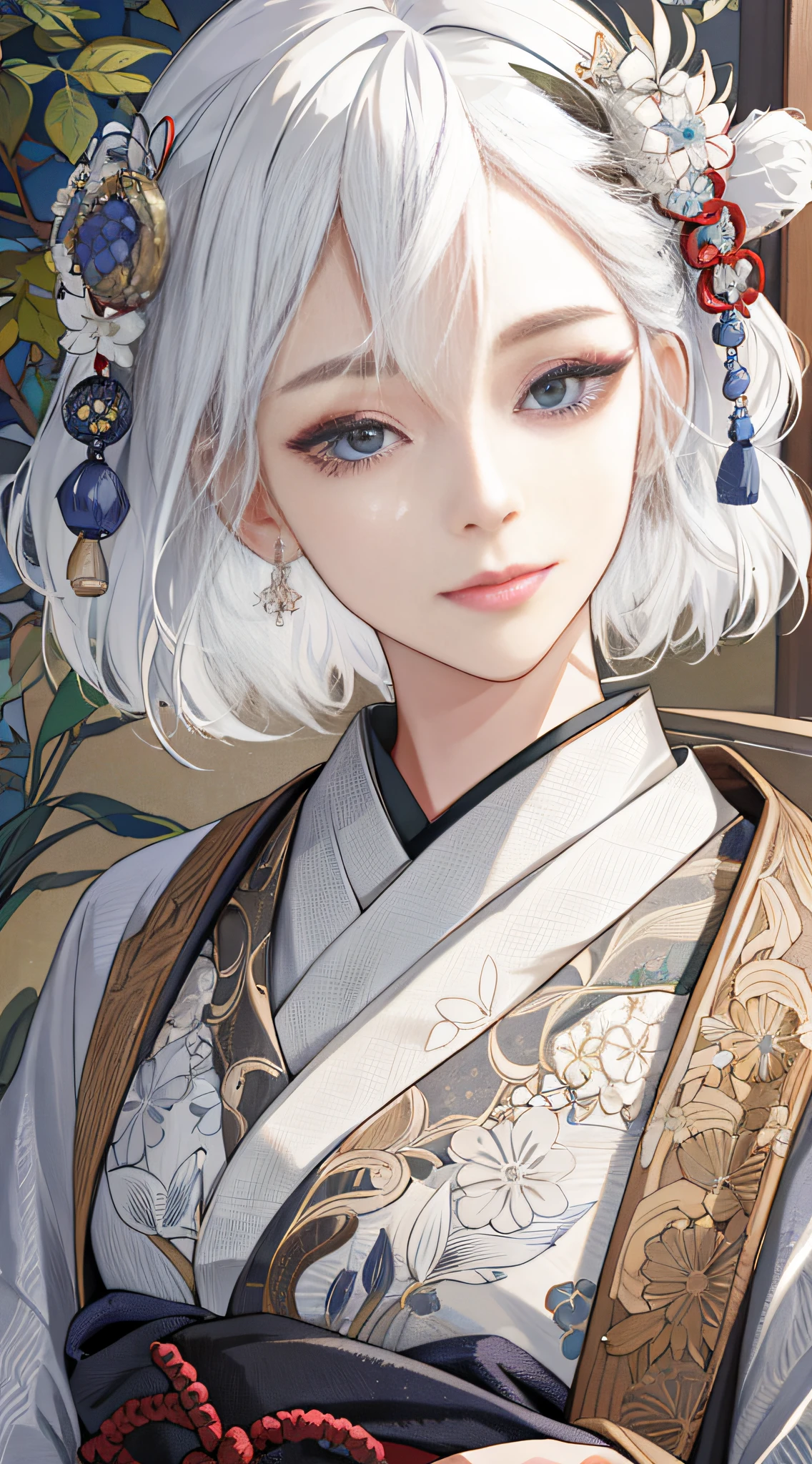 (absurd, highres, ultra detailed), 1girl, mature woman, intricate details, enlarged textures, intricate details, finely detailed eyes and detailed face, intricate details, white hair, (closed mouth), (perfect eyes, matching eyes), ( (Japanese clothes))