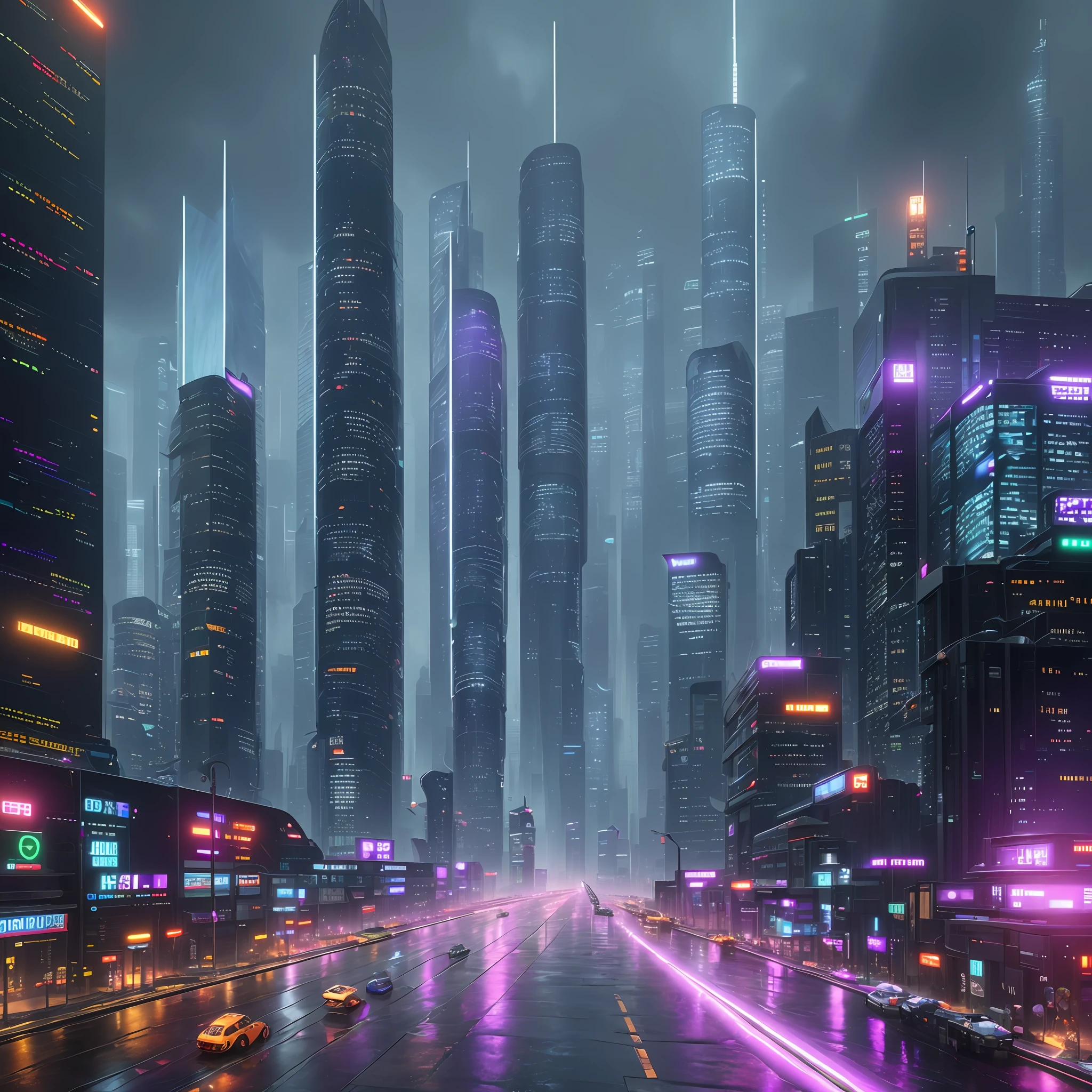 A city of the future, many skyscrapers, blade runner style, hyper-realistic, octane render, realistic, street with cars, rain, a police woman android, cinematic, 8k, very intricate, 80s, night, orange and violet neons