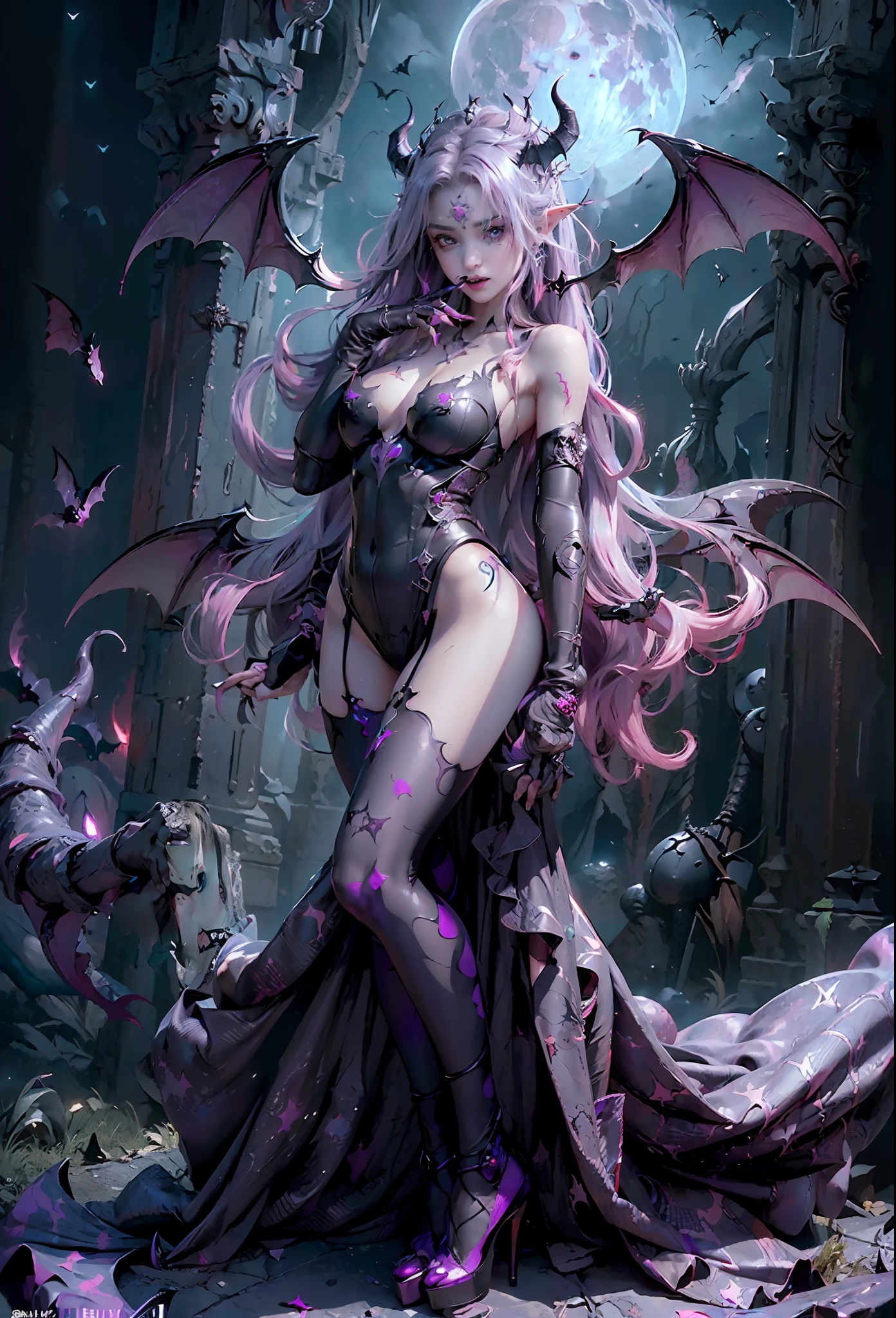 best quality, masterpiece,ultra detailed, official art,(extremely detailed CG unity 8k
wallpaper), (masterpiece), best quality, illustration, (powerful), art oflight, artist style, beautiful detailed star sky,(((bat print:1.2))), (cygames:1.4), (dark flame:1.3), Japanese light novel cover, grand scene, (dark bodysuit:1.2),((fullbody)),(Buttocks succubus tail:1.3),(beautiful detailedgirl), (((solo))),(full body:1.5),wet skin, (((demon queen))), metal, complex pattern, beautiful detailed hair,red luminous eyes, slit pupils,silver long hair,beautiful collarbone , (purple tattoo:1.2), luminous gem on chest,demon fang, pointy
ears, ((purple long fingernails)), ((high heels)),
(succubus wings:1.3),(fingerless_gloves), (elbow_gloves),fang out, a group of bats, ((open mouth)),lingerie, bat decorate anklet,(pink steam from full body:1.3),
((longeyelashes, constricted pupils)), (earrings),
,(bat print fingerless_gloves:1.5), (black kneehighs:1.3)
earrings, jewelry,(((full_moon))), ((night)), (((masterpiece))),
(((masterpiece,best quality,official art,extremely detailed CG unity 8k wallpaper))), (standing:1.3),