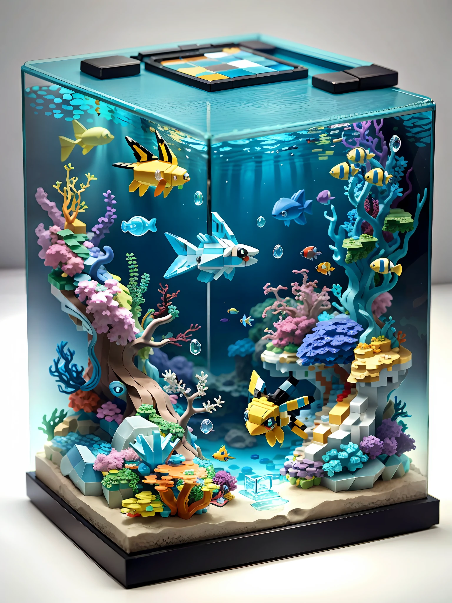 Pokémon, Pokémon Glass Aquarium, Pokémon Battles, LEGO Underwater World scene, rich color matching, blind box style, toy model, voxel, very detailed, super high resolution, 8K UHD