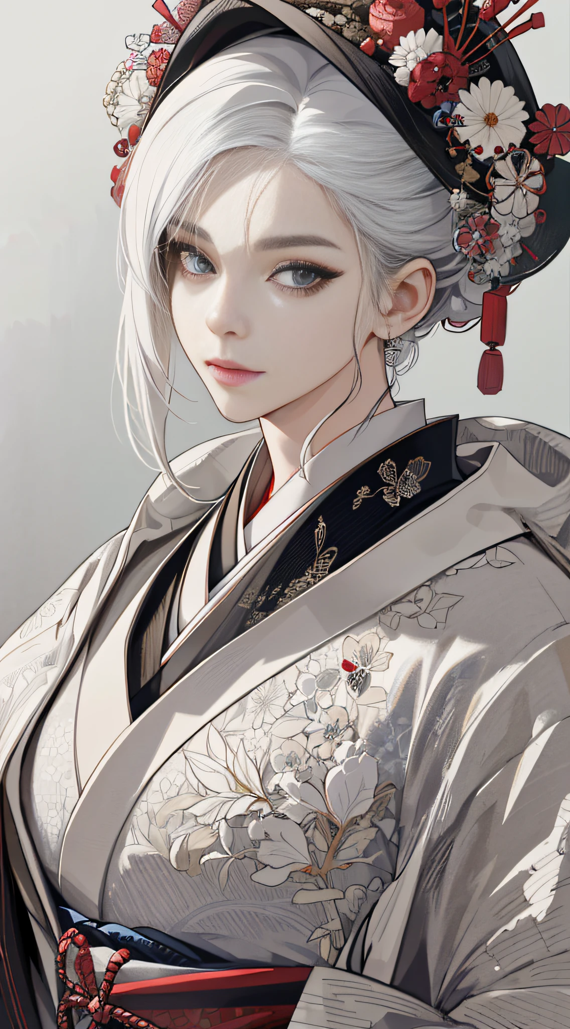 (absurd, highres, ultra detailed), 1girl, mature woman, intricate details, enlarged textures, intricate details, finely detailed eyes and detailed face, intricate details, white hair, (closed mouth), (perfect eyes, matching eyes), ( (Japanese clothes))
