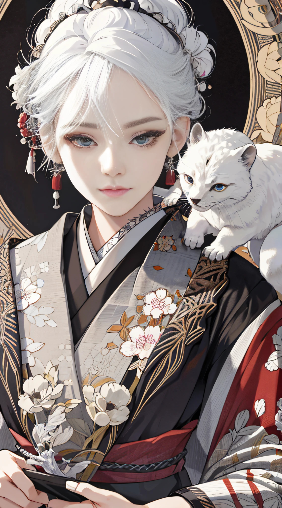 (absurd, highres, ultra detailed), 1girl, mature woman, intricate details, enlarged textures, intricate details, finely detailed eyes and detailed face, intricate details, white hair, (closed mouth), (perfect eyes, matching eyes), ( (Japanese clothes))