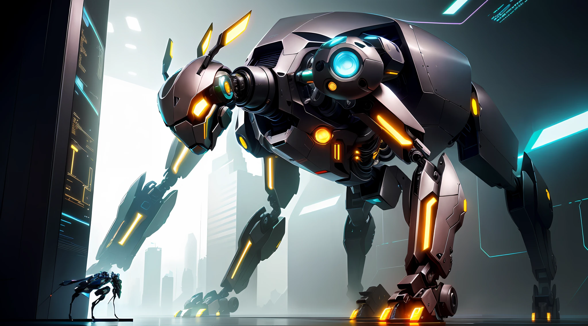 futuristic robot with glowing legs and legs standing in a futuristic city, mech robot futuristic, mecha animal, beautiful robot character design, mechanized art concept, cyber mech, robot concept art, symmetry! futuristic robotic, mech, mech concept art, high quality digital concept art, mecha art, futuristic robot, mech robot, concept robot, futuristic. game cg