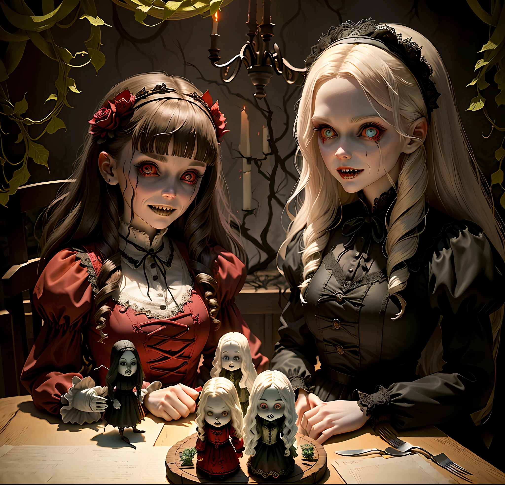 Horror dolls from Haunted Castle on a plotting table full of knives,Horror, spooky, frightening, secret terror, tentacles, vines, eyes, uncanny valley effect teeth, limbs, animals,blood moon