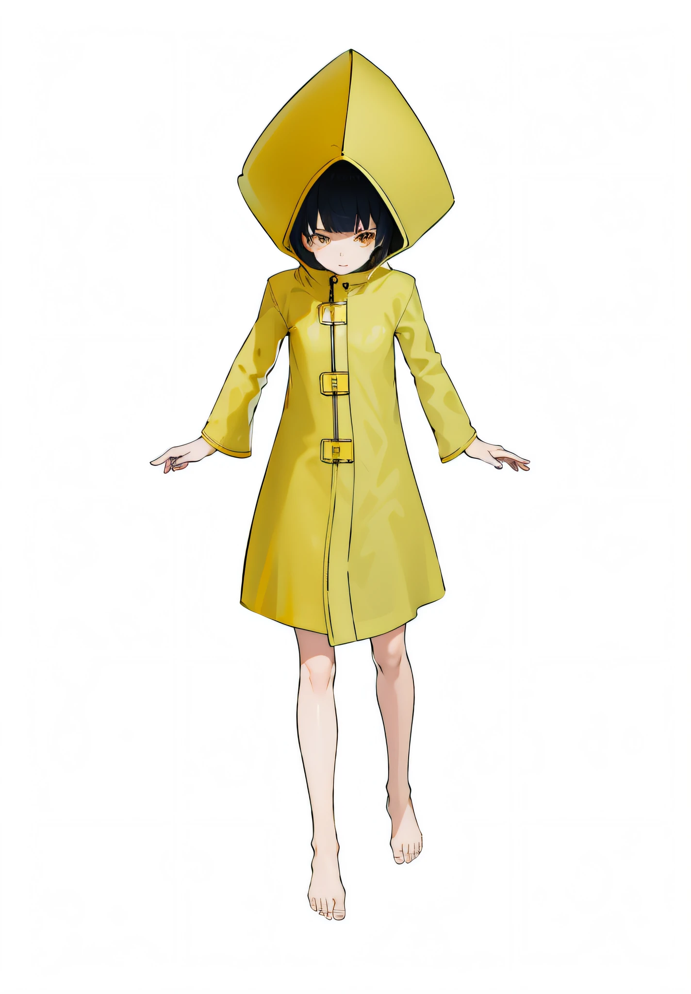 3D two-dimensional, a girl in a yellow raincoat, redrawing the light and shadow, highlighting the reflective texture of the raincoat, highlighting the texture of the gel coat. Accentuates the translucent texture of the raincoat, smooth skin and  feet