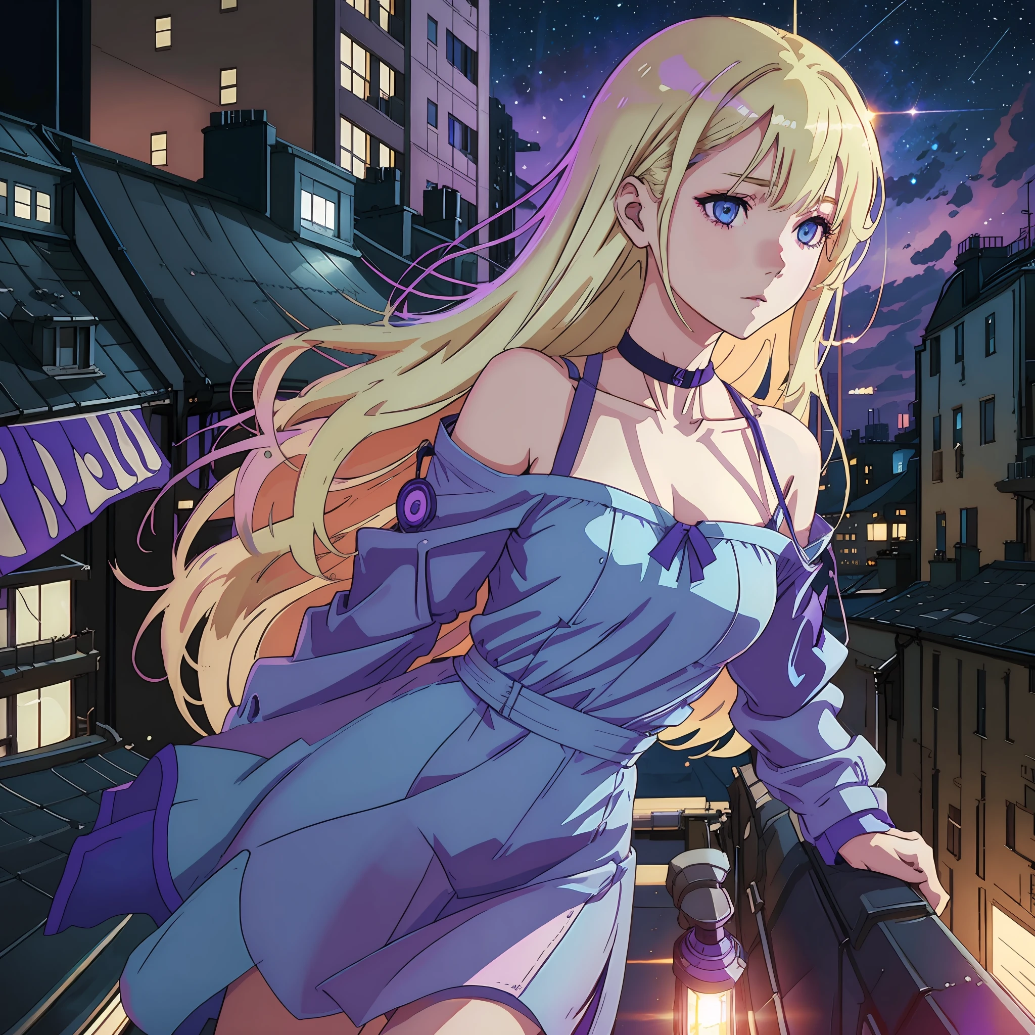 Light blonde haired 2d anime girl with pale blue purple eyes wearing light blue purple short dress spaghetti straps standing on the edge of a sky scrapper in middle of city new york under starry sky --auto --s2