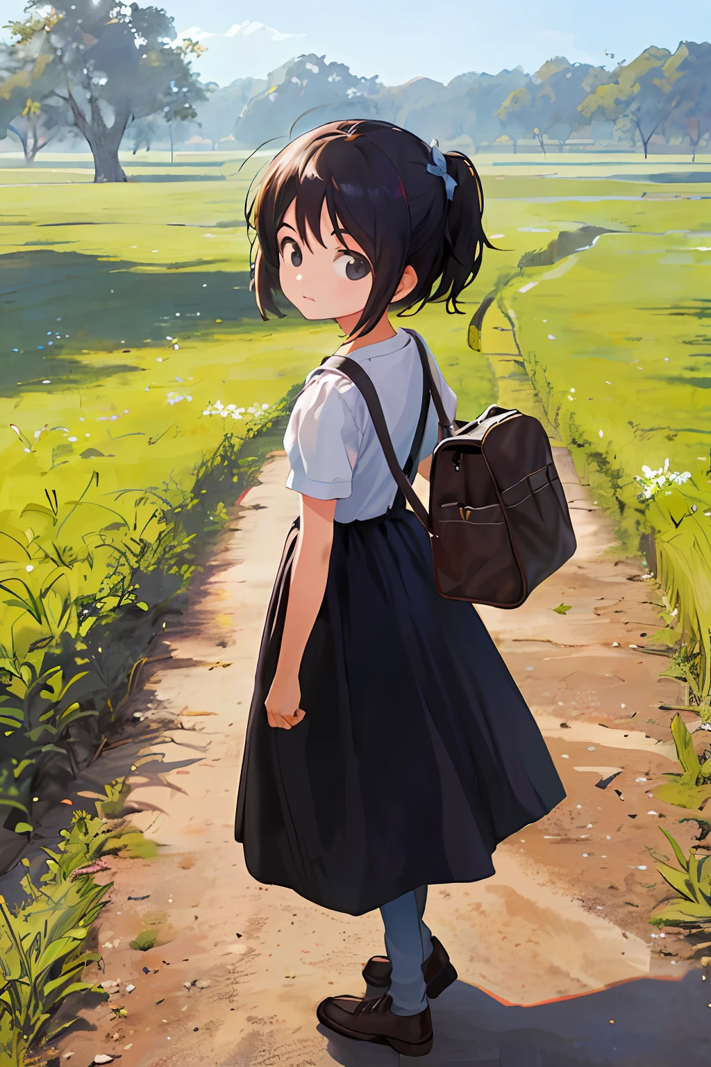 There are flowers blooming in the school. A school is walking in the school compound
hanging in her bag. The atmosphere is pleasant . The sun is shinning. Realistic girl. Myanmar school girl