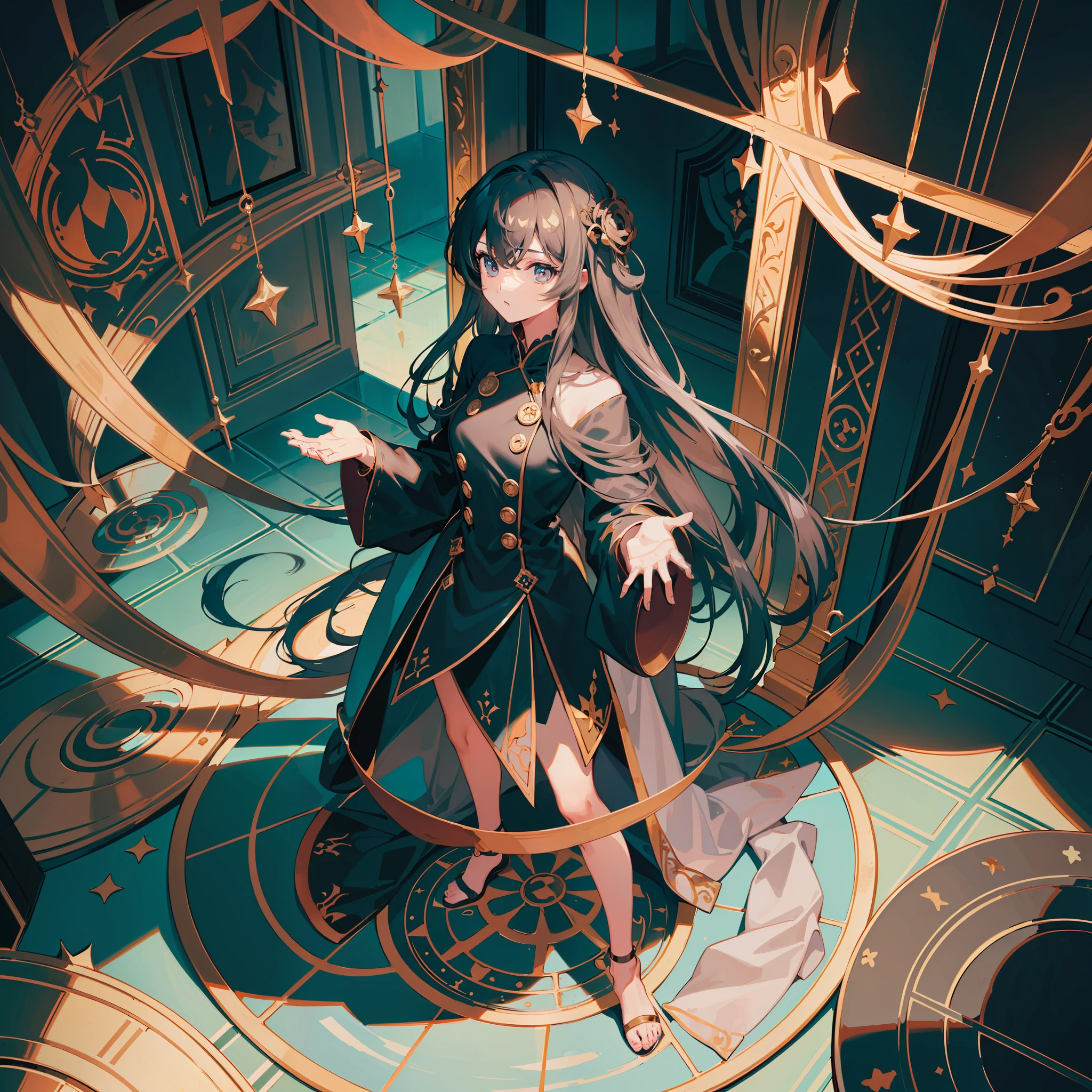round image,(masterpiece:1.3), (the best quality:1.2), (super fine illustrations:1.2), (Masterpiece), high quality, high detail,(SOLO:1.4),((round image)),[(game character portrait:1.2):5], {1 girl},{solo},(((full body))),{{{only five fingers}}},long hair,whole body,look at viewer, from above,(hide hands:1.2),