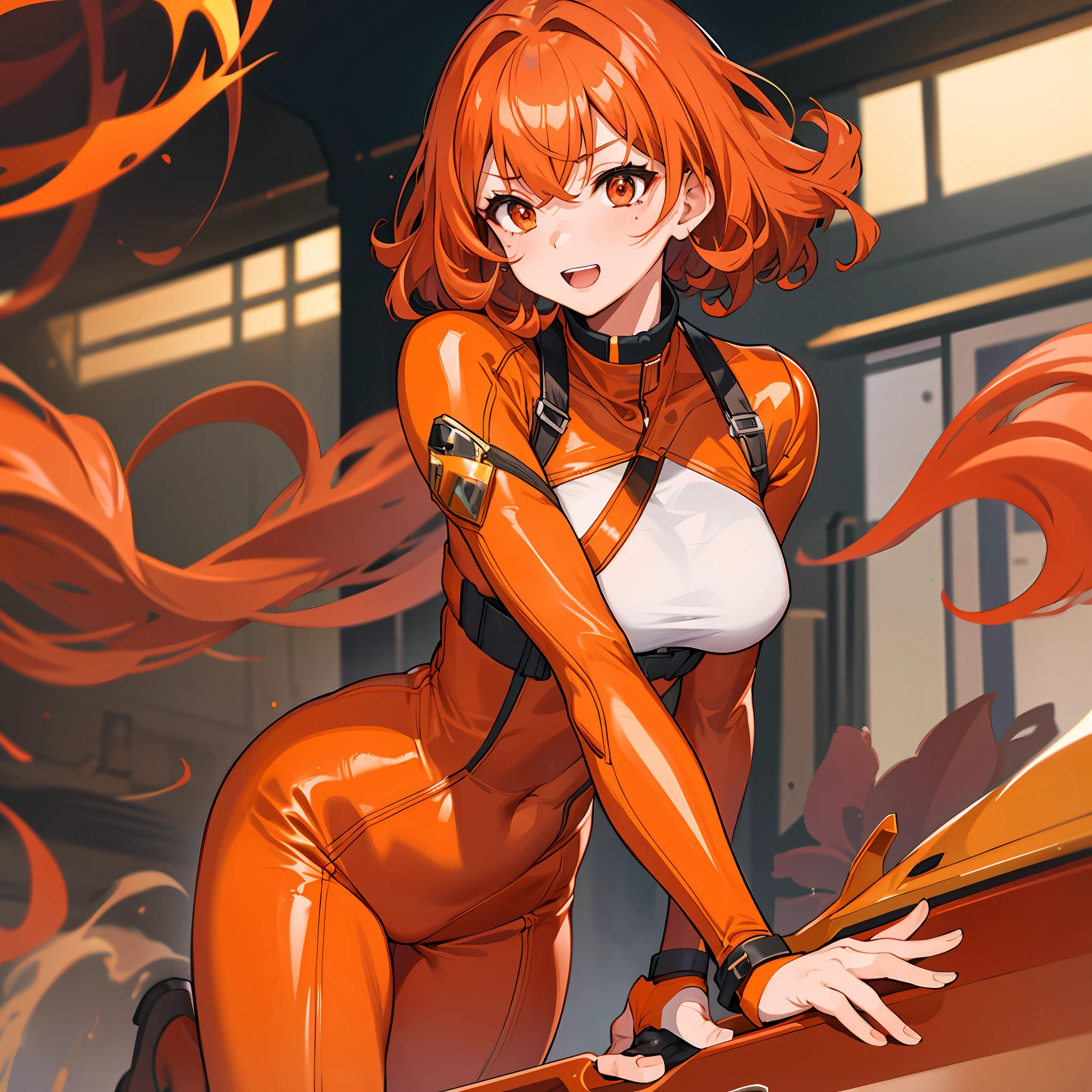 1girl, slim, juicy, light brown clothes, tight clothes, fiery hair, curly hair, cropped hair, orange eyes, excited, maples
