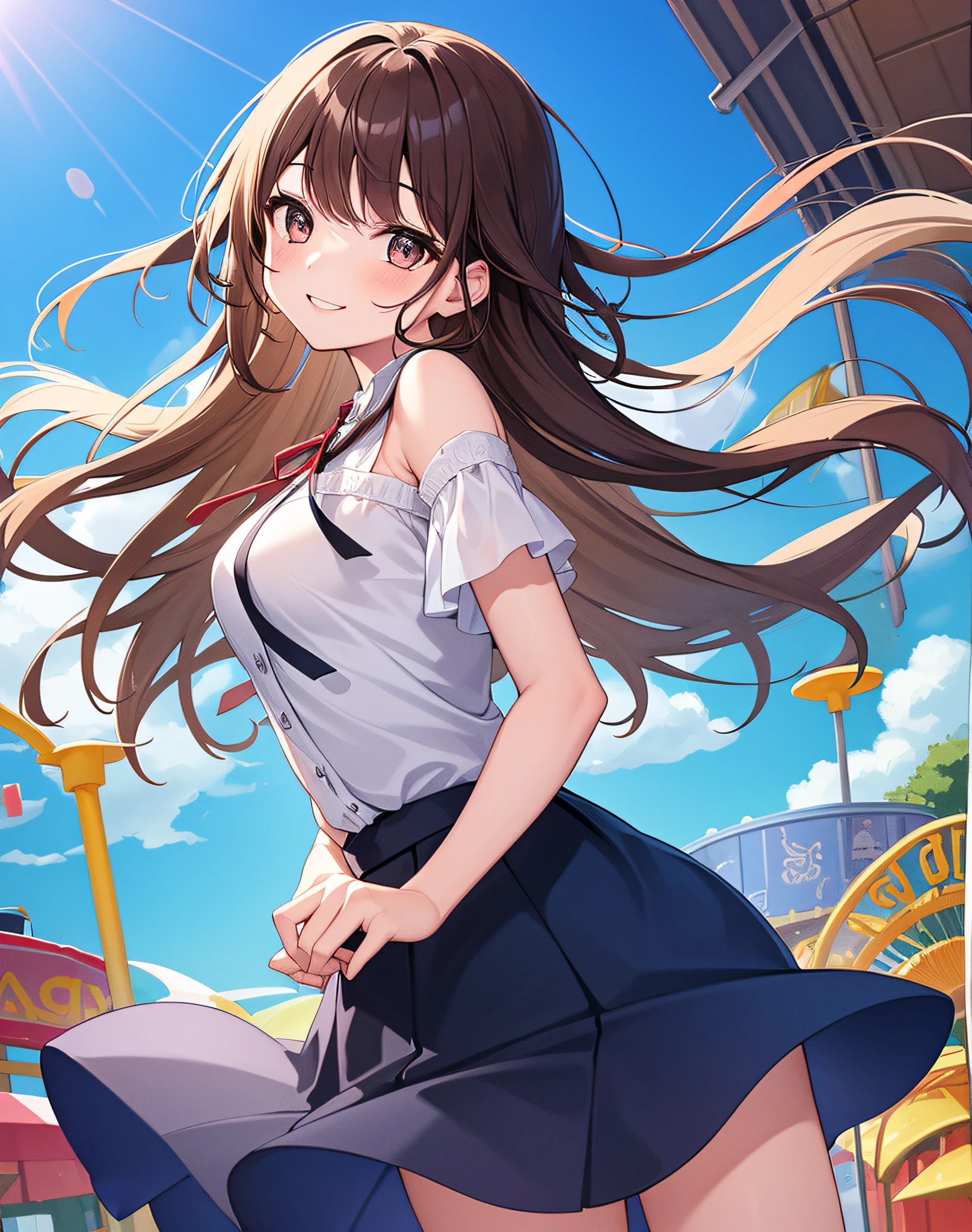 (masterpiece, top quality), Solo, 1 girl, smile, brown hair, pale eyes, long hair, blush, summer, blue sky, thighs, bust shot, shoulder length skirt dress, amusement park, street, ribbon to hair