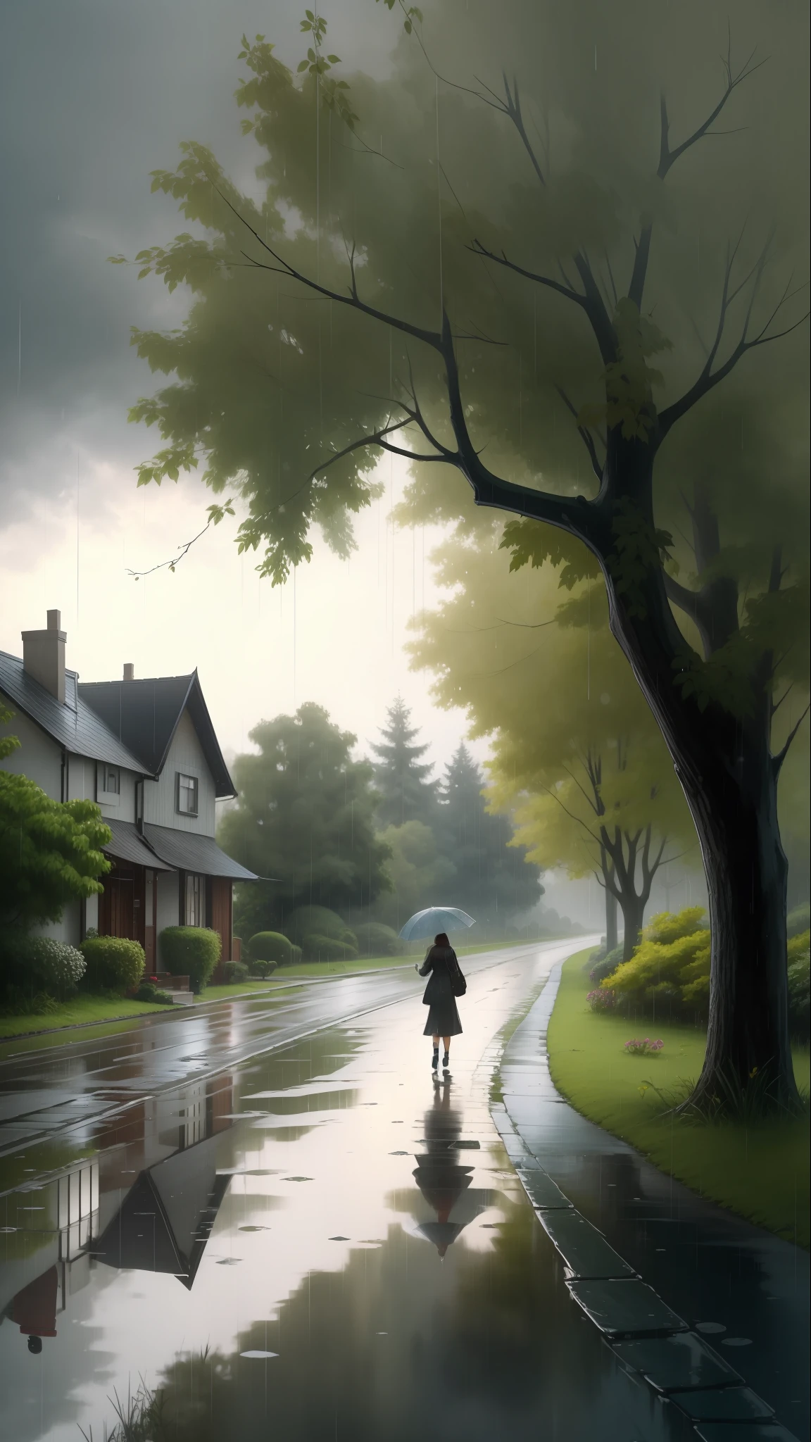 Light rain, a woman holding umbrella, walking on the road, houses and trees.