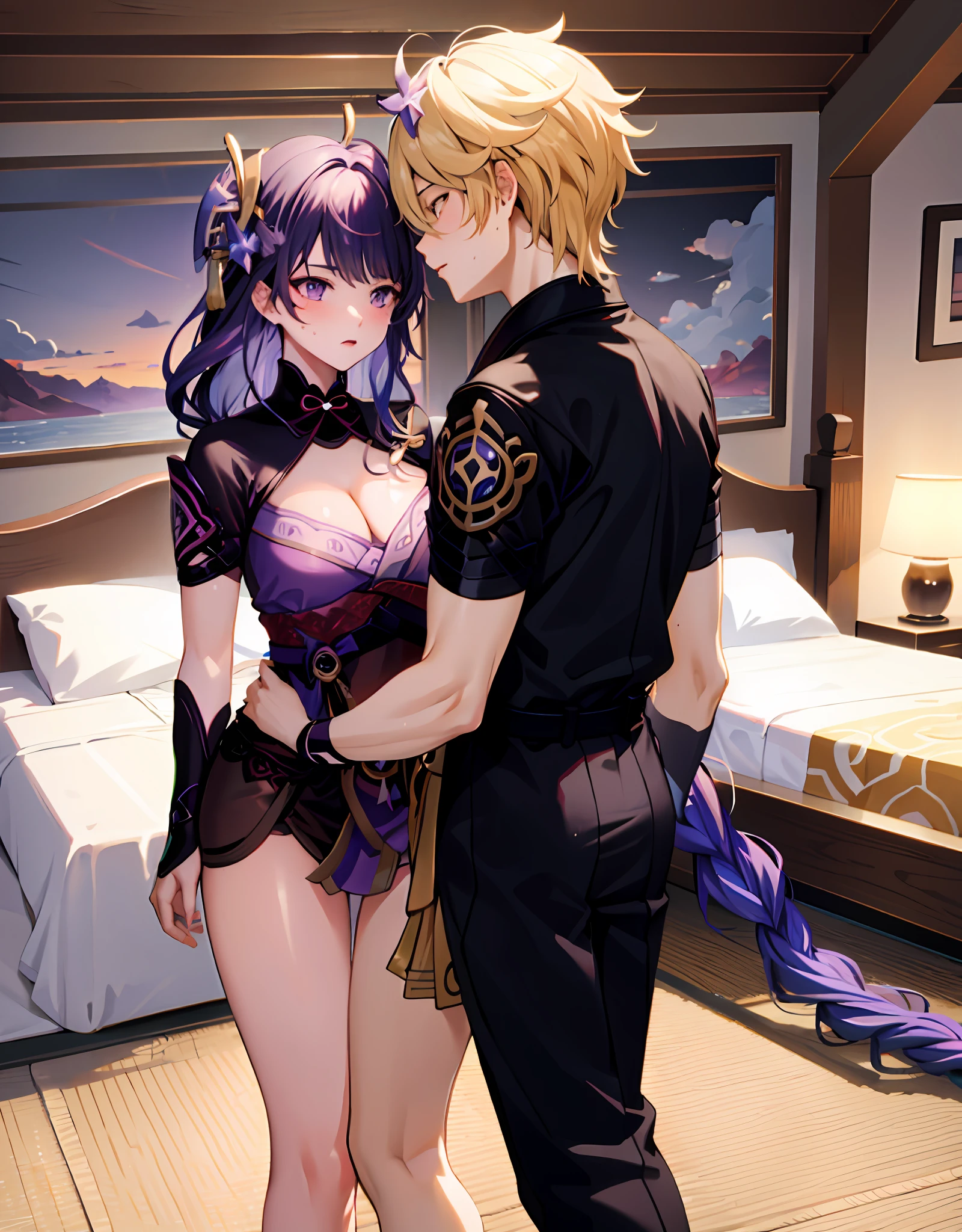 anime couple, aether and raiden shogun kissing, soft kiss, 1boy 1girl, tall Women, cute, loving, peck, detailed faces, detailed hair, masterpiece, best quality, aether yellow hair\(genshin impact\), {{{masterpiece, electricity:1.4, pixiv fantasia}}},pov, raiden shogun, long hair, large hair, purple hair, multicolored hair, kimono, hair ornament, hair flower, purple eyes, parted lips, expressionless, looking at viewer, dynamic pose, large breasts, (Sexy **************** and 20-year-old man) ((spooning with 1 man with yellow hair )), covered by a blanket, (warm lighting), (intimate atmosphere), (bedroom scene)), camisole, medium hair, (cleavage), (romantic mood), (soft focus), (medium breasts), (subtle facial expression), sweating WITH A MAN, KISSING A MAN. The man is touching her ass sensually. The man has his nose between her breasts, and is licking her breasts. Romantic. She has a guilty expression, a sad expression. A regretful and lustful expression, high quality fanart, best quality,