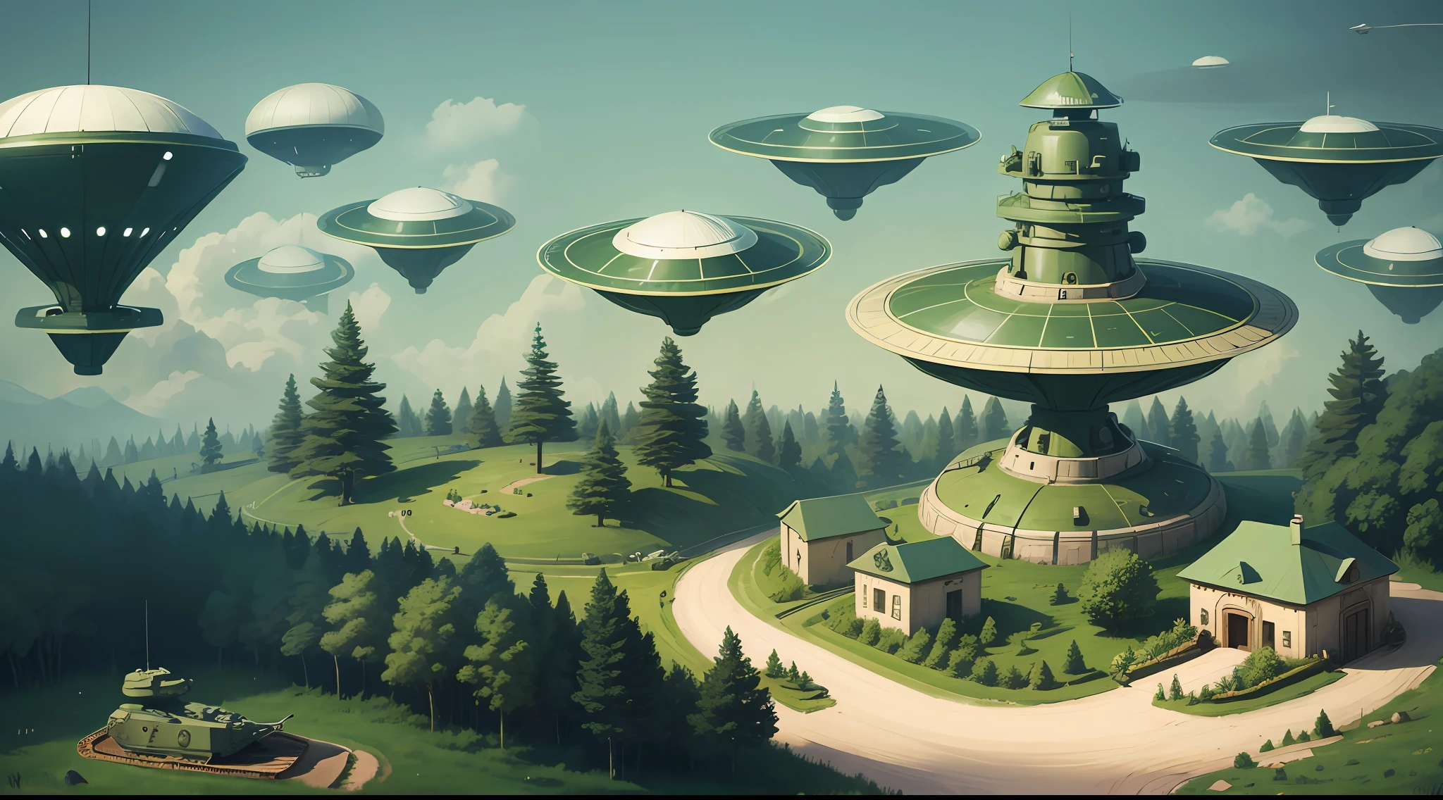 Flying saucers are in the sky, there are tanks and soldiers in the forest