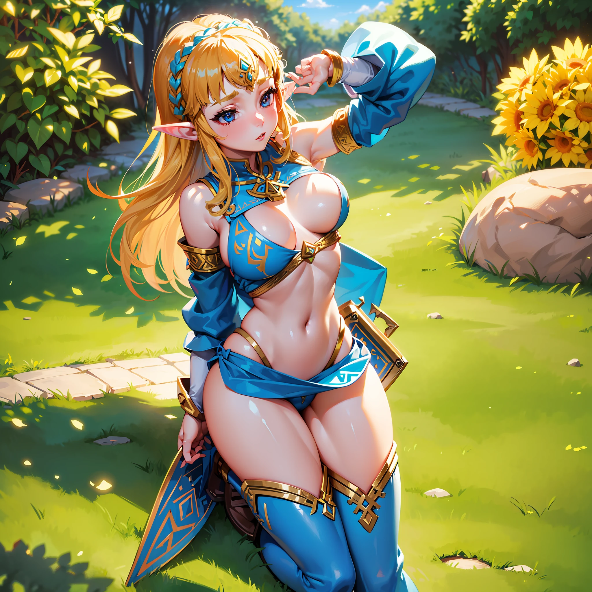 (Detailed description) (Best quality) (Ultra Realistic) (Masterpiece) (8K) (Full Body) Princess Zelda, Elf Girl, 1girl, Zelda BOTW, bikini, background sun, outdoor, detailed skin, soft lighting, open-legged, big ass, big boobs, bright sunlight, cowboy shot
