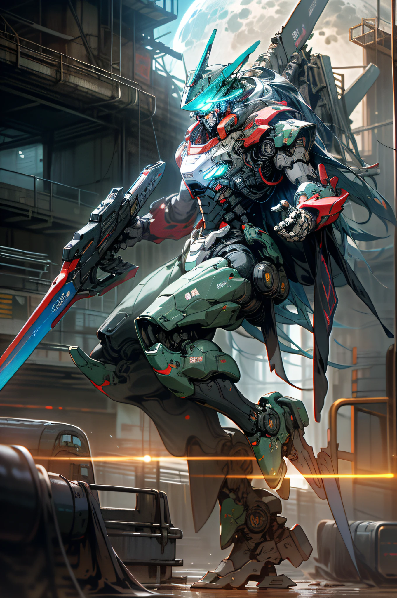 On the moon, barren planets, ruins, holding_weapon, no_humans, bright, robot, construction, glowing_eyes, red and blue mecha, science fiction, city, realistic, mecha, background of the Milky Way, neon, cyberpunk, macross, robotec, valquire hunt, full body, battle pose,