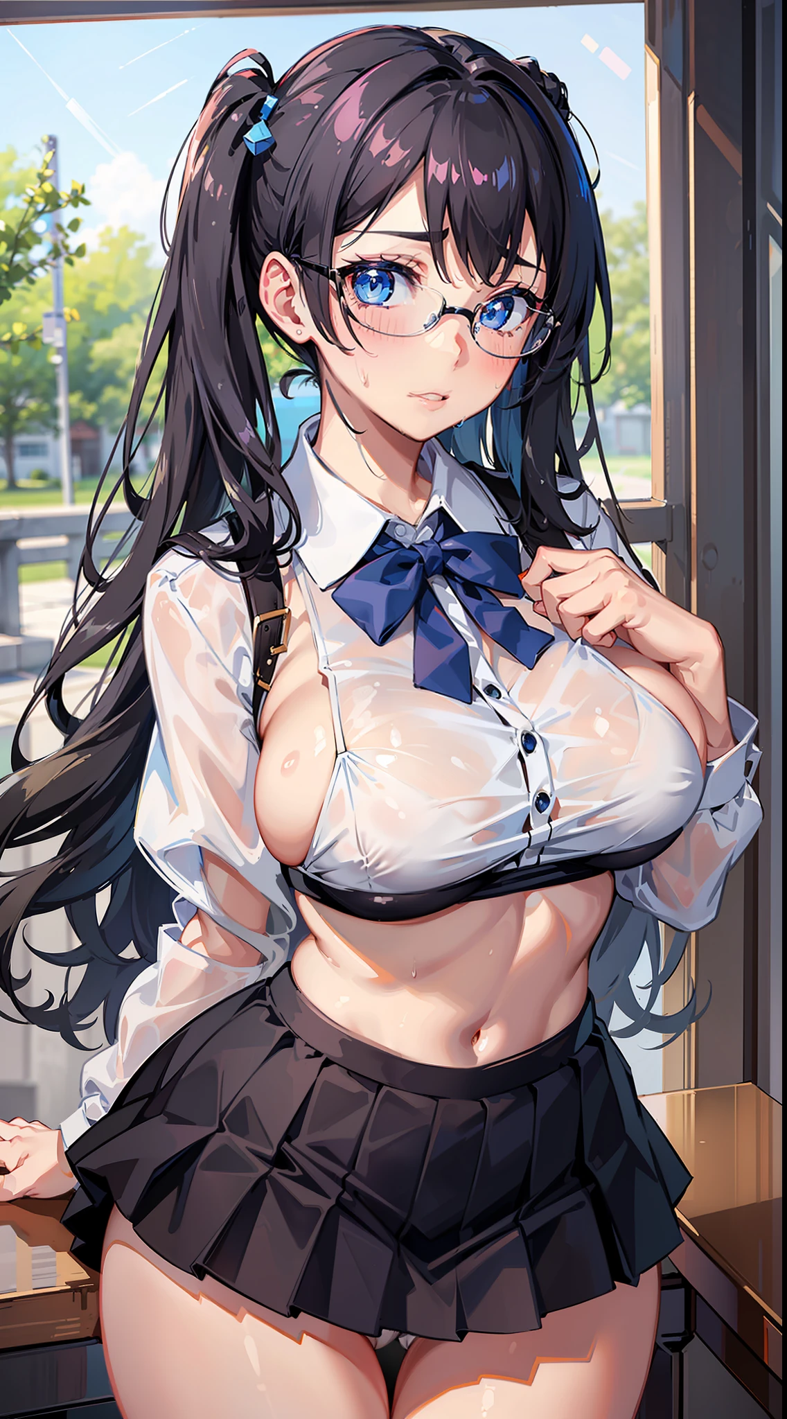 ((masterpiece)), ((best quality)), (dynamic angle), (ultra-detailed),((extremely detailed)), 4K, (8K),  

1girl, ((beautiful blue eyes)), beautiful black twintail hair, glasses,

high school uniform, open-button shirt, pleated skirt, stockings, pumps shoes, ((White panties, cameltoe)),

in the classroom, lift up one's skirt,

buttocks, large breast, sweaty, wet body, navel out, thighs out, slim, slender,  ribon, ashamed, blush, translucent body, Transparent, shiny-glistening, gleaming,