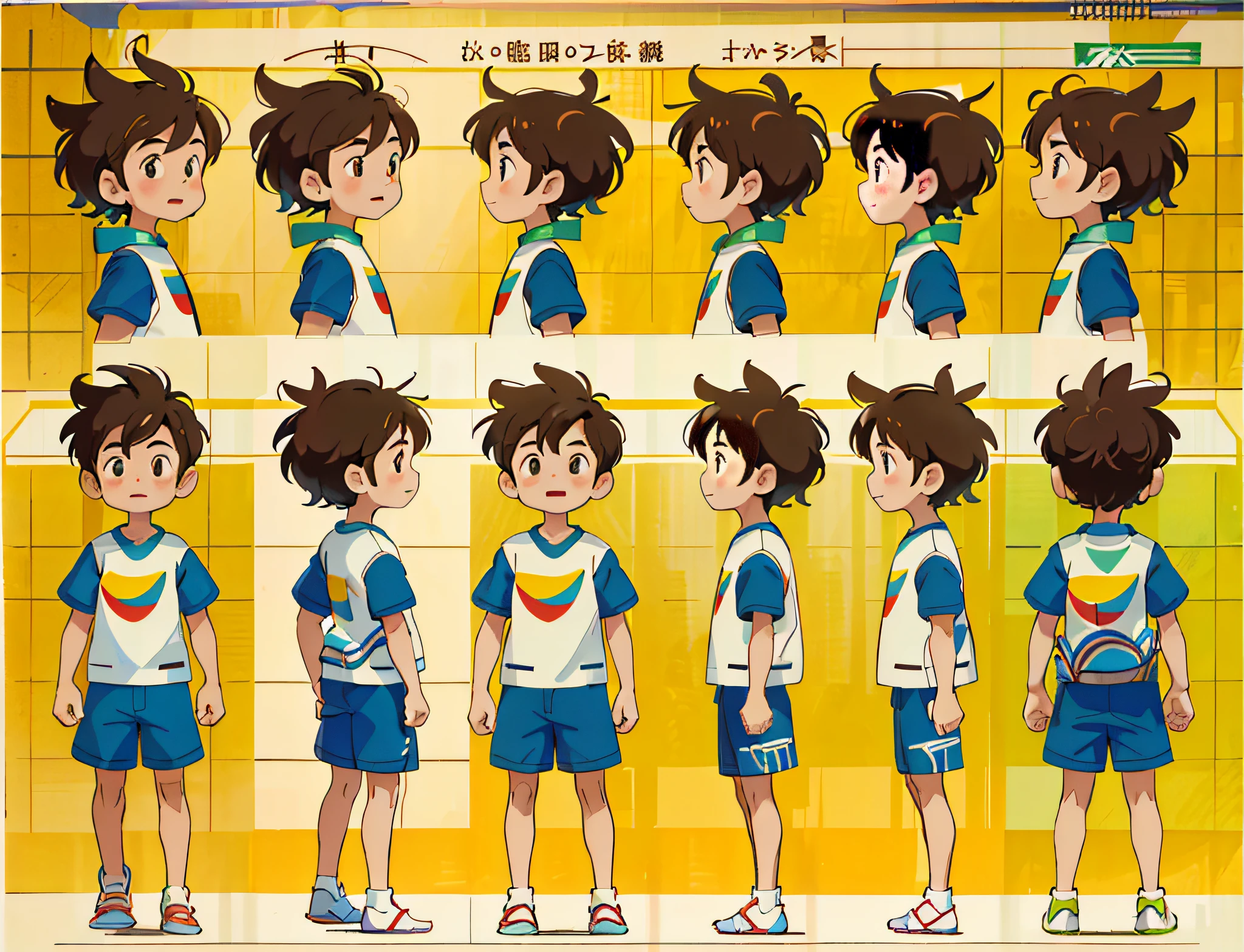 (full body) (same character front, back, side view) (model sheet) (multiple views of the same character) young boy with very long brown hair, tribal clothing, no shoes. Same character front, side, back view
