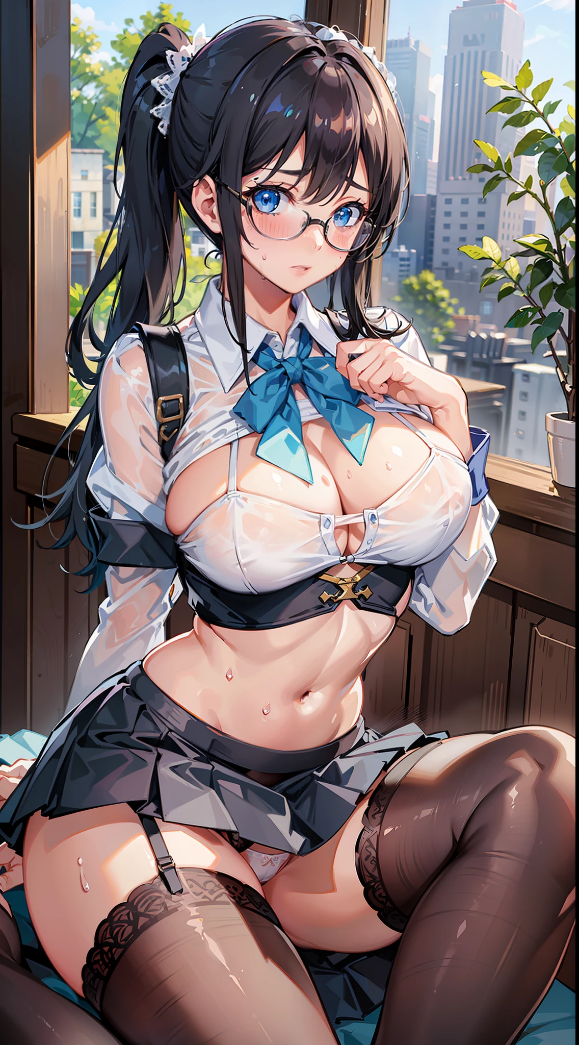 ((masterpiece)), ((best quality)), (dynamic angle), (ultra-detailed),((extremely detailed)), 4K, (8K),  

1girl, ((beautiful blue eyes)), beautiful black twintail hair, glasses,

high school uniform, open-button shirt, pleated skirt, stockings, pumps shoes, ((White panties, cameltoe)),

in the classroom, lift up one's skirt,

buttocks, large breast, sweaty, wet body, navel out, thighs out, slim, slender,  ribon, ashamed, blush, translucent body, Transparent, shiny-glistening, gleaming,