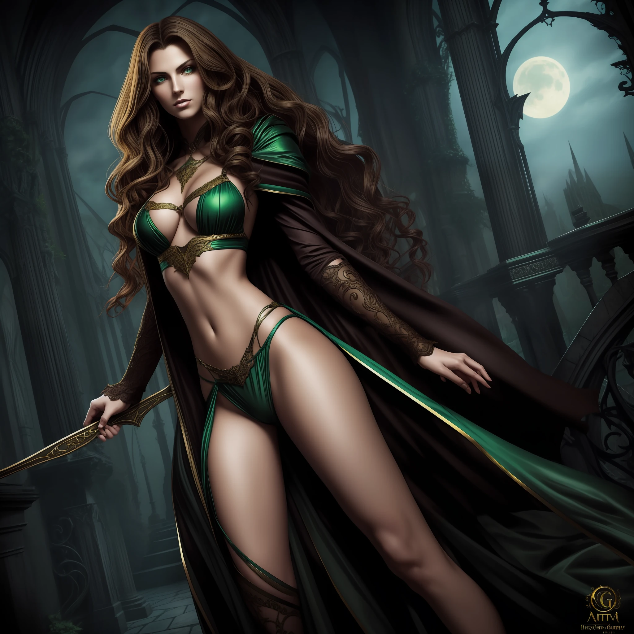 Me in a gothic setting of Castlevania, long brown and curly hair, elongated and well-defined face with features of a tall woman with Italian ancestry, wearing greenish bikini and metallic gold, green eyes, wide hips, intricate details. The background is dark and Gothic, adding to the mysterious atmosphere. This art is on the rise at ArtStation, capturing the essence of the iconic Symphony of the Night game. The illustration is soft, with sharp focus, showing the beauty and fascination of me