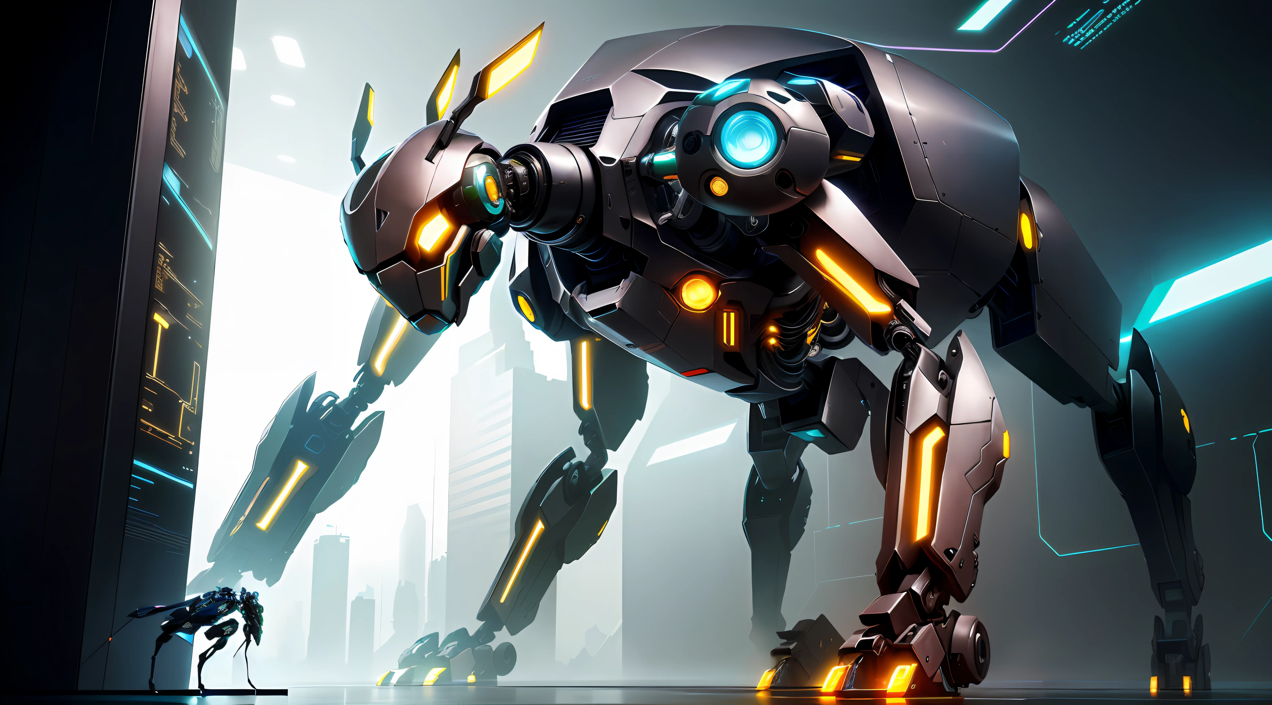 futuristic robot with glowing legs and legs standing in a futuristic city, mech robot futuristic, mecha animal, beautiful robot character design, mechanized art concept, cyber mech, robot concept art, symmetry! futuristic robotic, mech, mech concept art, high quality digital concept art, mecha art, futuristic robot, mech robot, concept robot, futuristic. game cg