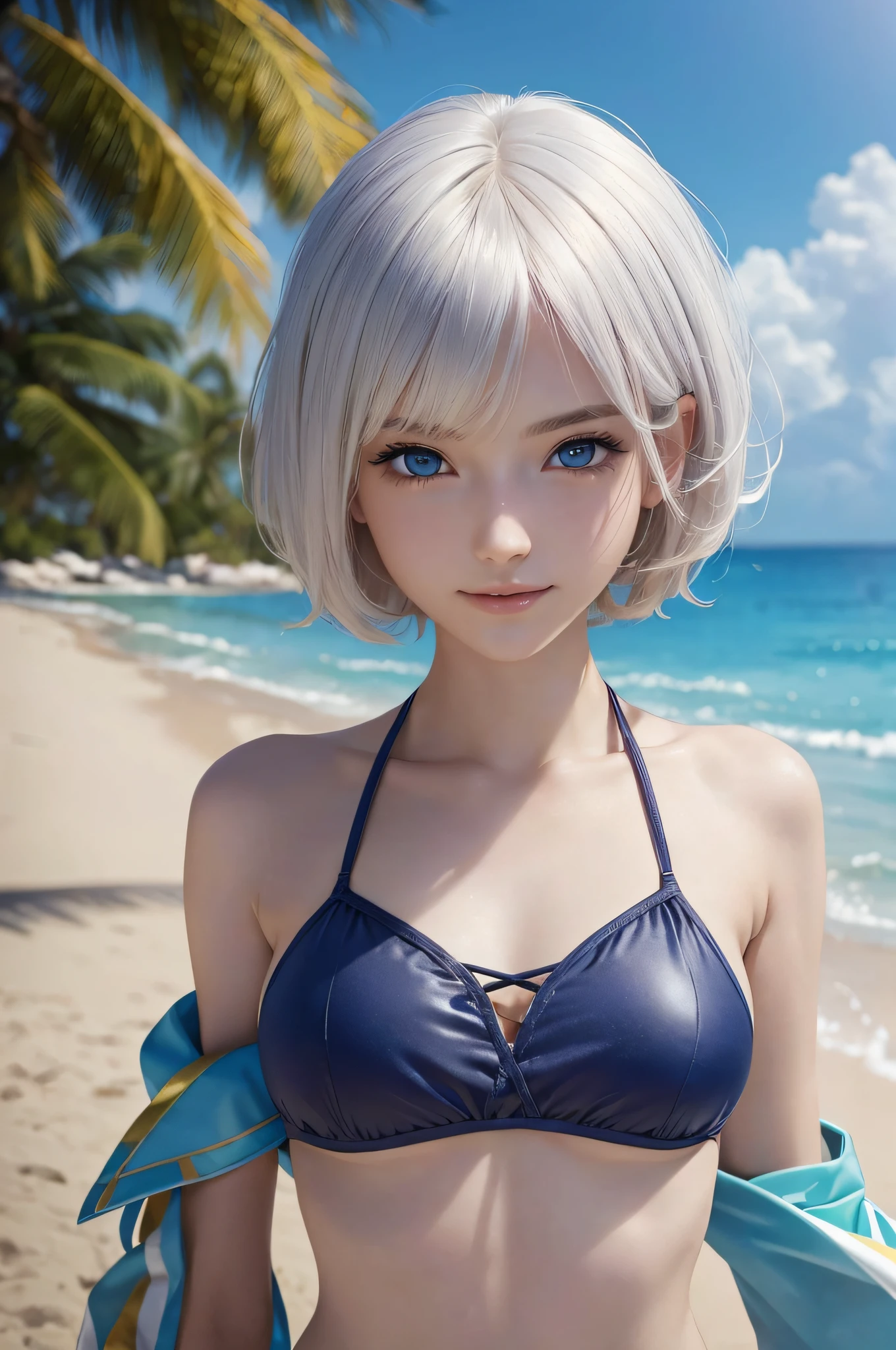 (RAW Photo: 1.2), (Photorealistic: 1.4), (Masterpiece: 1.3), (Best Quality: 1.4), Ultra High Resolution, (Detailed Eye Features), (Detailed Facial Features), (Detailed Clothing Features), HDR, 8k Resolution, Solo Focus, Bangs, Skin Tightness, Shiny Skin, (Slender Beautiful Girl), 18 years old, No Letters, Bob Hair, Short Hair, White Hair, Blue Eyes, One girl, cloth small bikini swimsuit, (full body: 1.2), (slender thighs), smiling