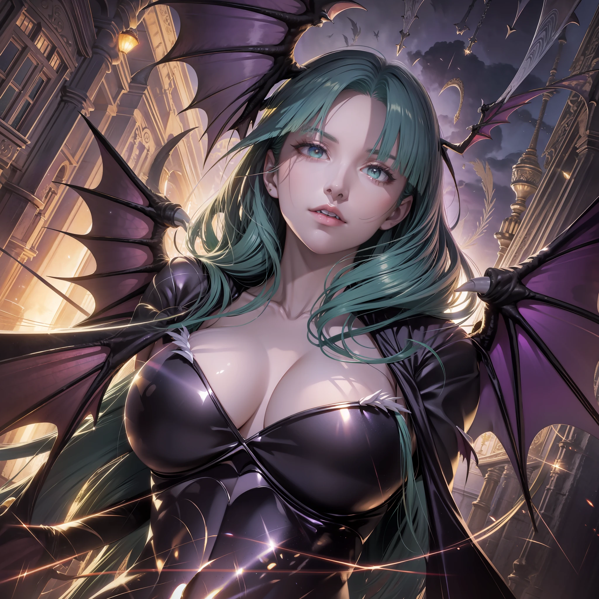 (detailed line art of Morrigan Aansland, dark stalker), charming expression, flying in the sky, angle from below, night sky, old castle, golden glowing eyes, dark eye shadow, moonlight, symmetrical, perfect anatomy, (Dutch angle shot: 1.5) digital painting, concept art, borminetric lighting, Tanvir Tamim, metal reflection, 2d rendering, 8k。