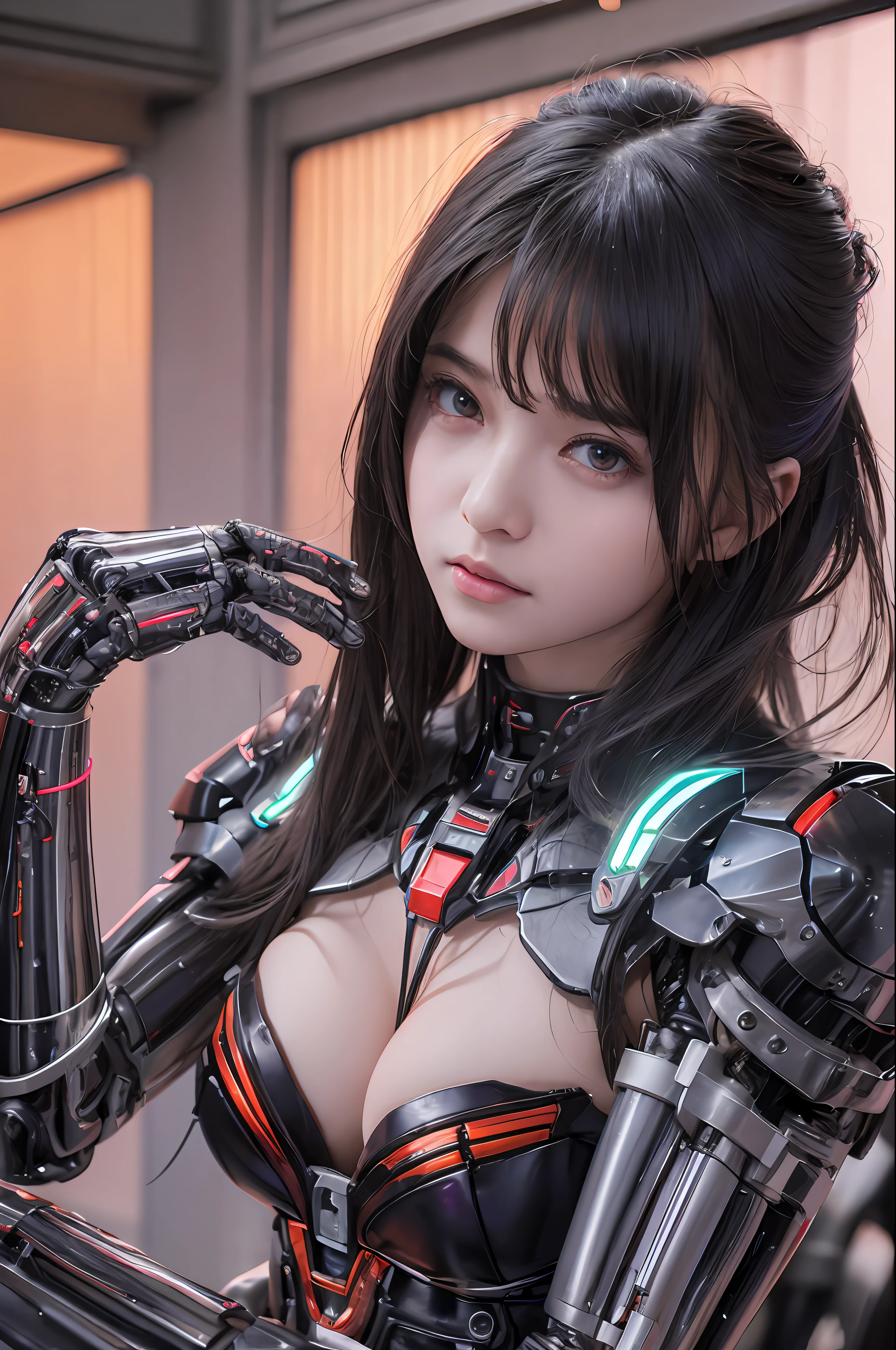 Top Quality, Masterpiece, Ultra High Resolution, (Photorealistic: 1.4), Raw Photo, 1 Girl, Black Hair, Glossy Skin, 1 Mechanical Girl, (Ultra Realistic Details)), Portrait, Global Illumination, Shadows, Octane Rendering, 8K, Ultra Sharp, Big, Cleavage Exposed Raw Skin, Metal, Intricate Ornament Details, Egyptian Details, Very intricate details, realistic light, CGSoation trend, purple eyes, glowing eyes, facing the camera, neon details, mechanical limbs, blood vessels connected to the tube, mechanical vertebrae attached to the back, mechanical cervical attachment to the neck, sitting, wires and cables connecting to the head, gundam, small LED lamps,