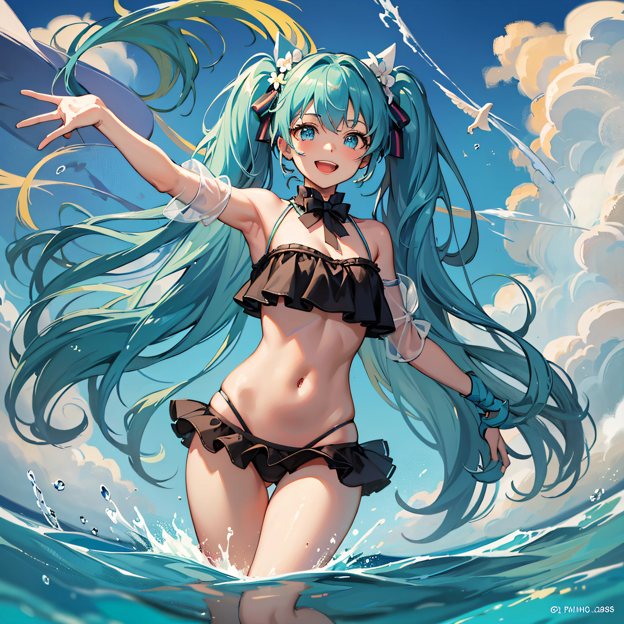 masterpiece, best quality, absurdres, perfect anatomy, 1girl, solo, Miku390, twintails, long hair, beach, palm tree, water, (partially submerged), smile, :d, spread arms, frilled bikini, cute, cute bikini, dynamic pose