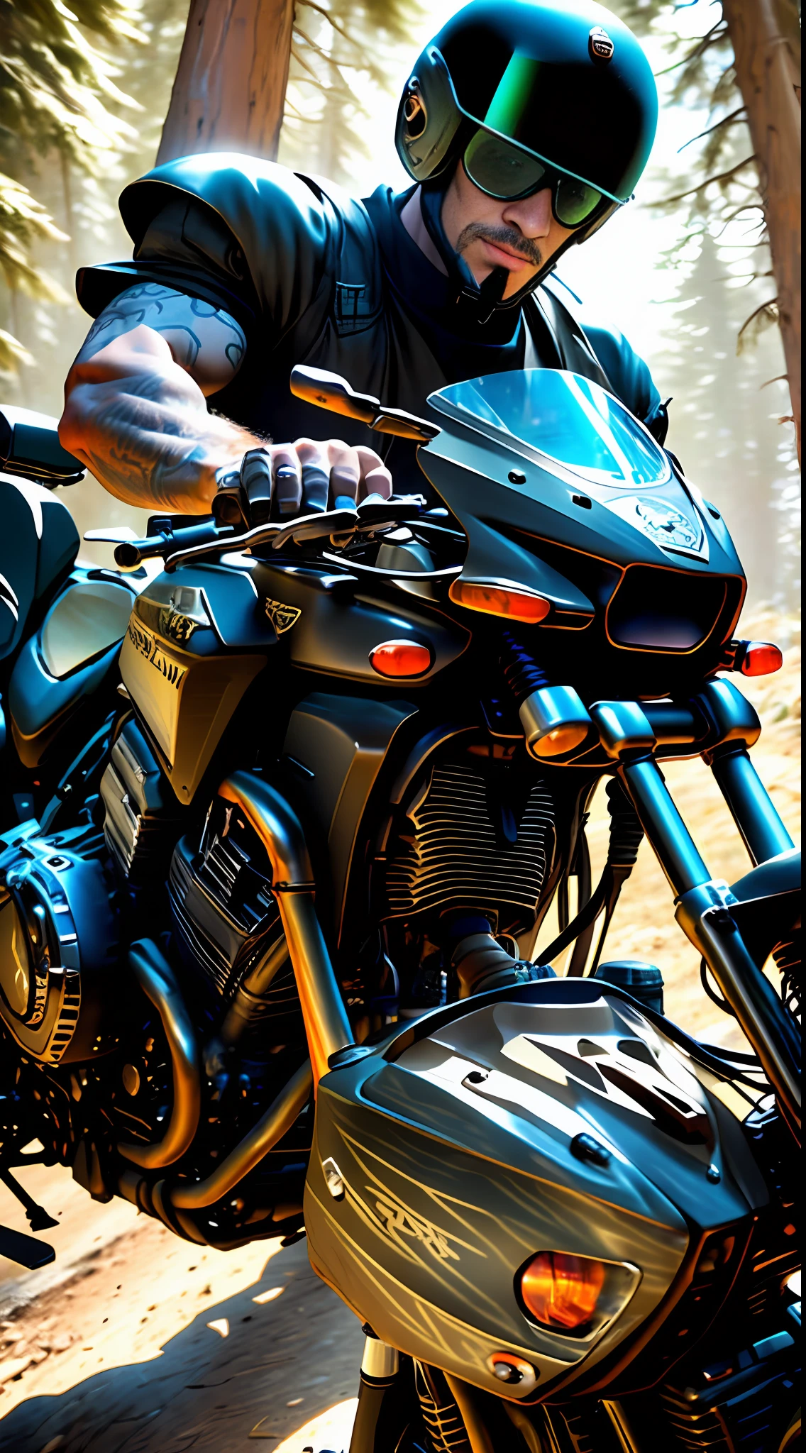 pharaoh, motorcycle in the desert at night (armybiker style: 1) bad face, angry face, SCAR on left eyebrow, scar, muscular, defined arms, defined chest, hand on handlebars, mounted on top of motorcycle, riding a Harley Davidson, model Iron 883, all black, matte black details, K raw photo, best quality, masterpiece, ultra high res, natural skin texture,  realistic eyes and face details, realistic, looking at the viewer, dark forest, outdoors, photo.