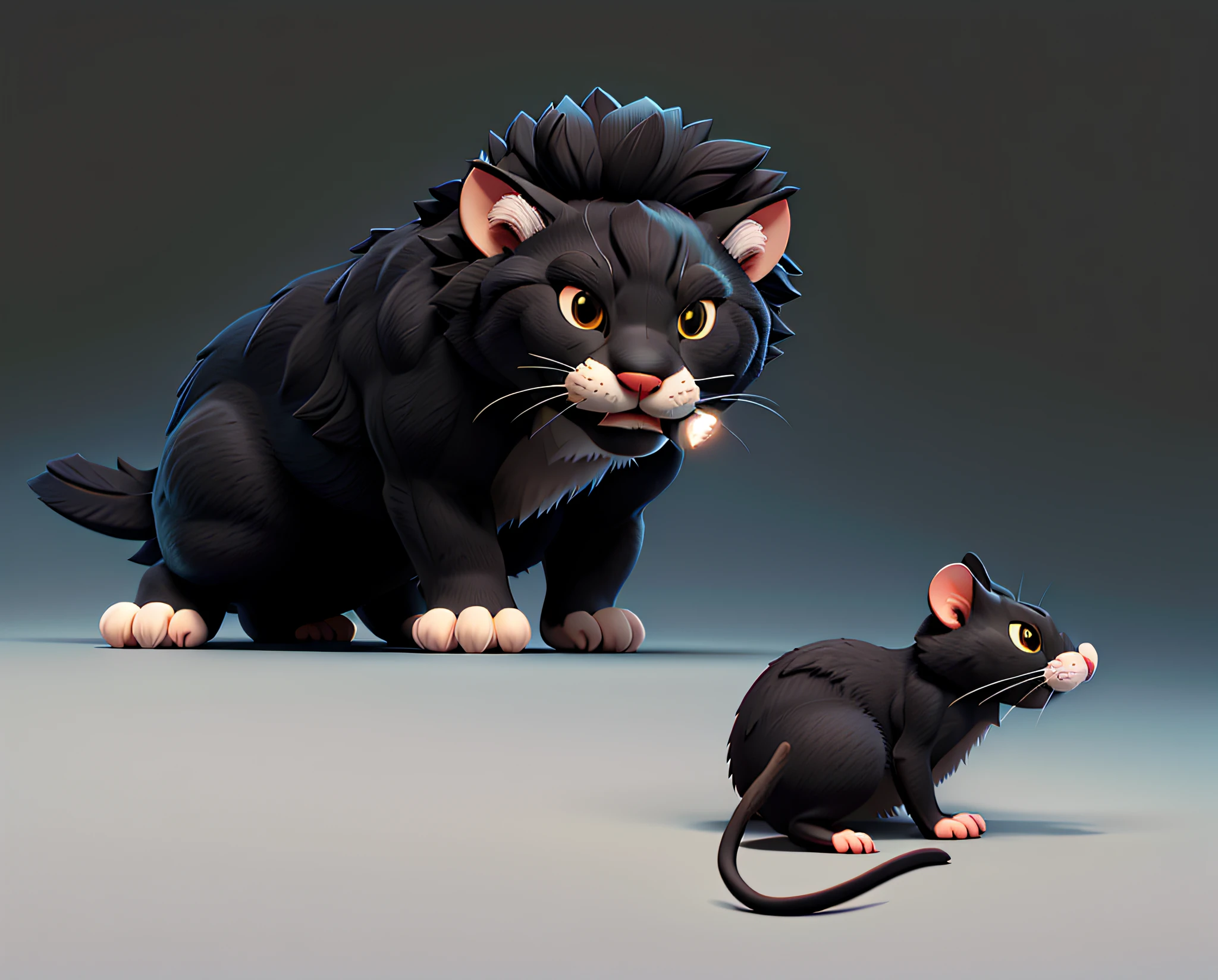 There's a big cat watching a small mouse. On a black and white background, 3d digital art, rodent mouse, minimalist digital image, 8k resolution.