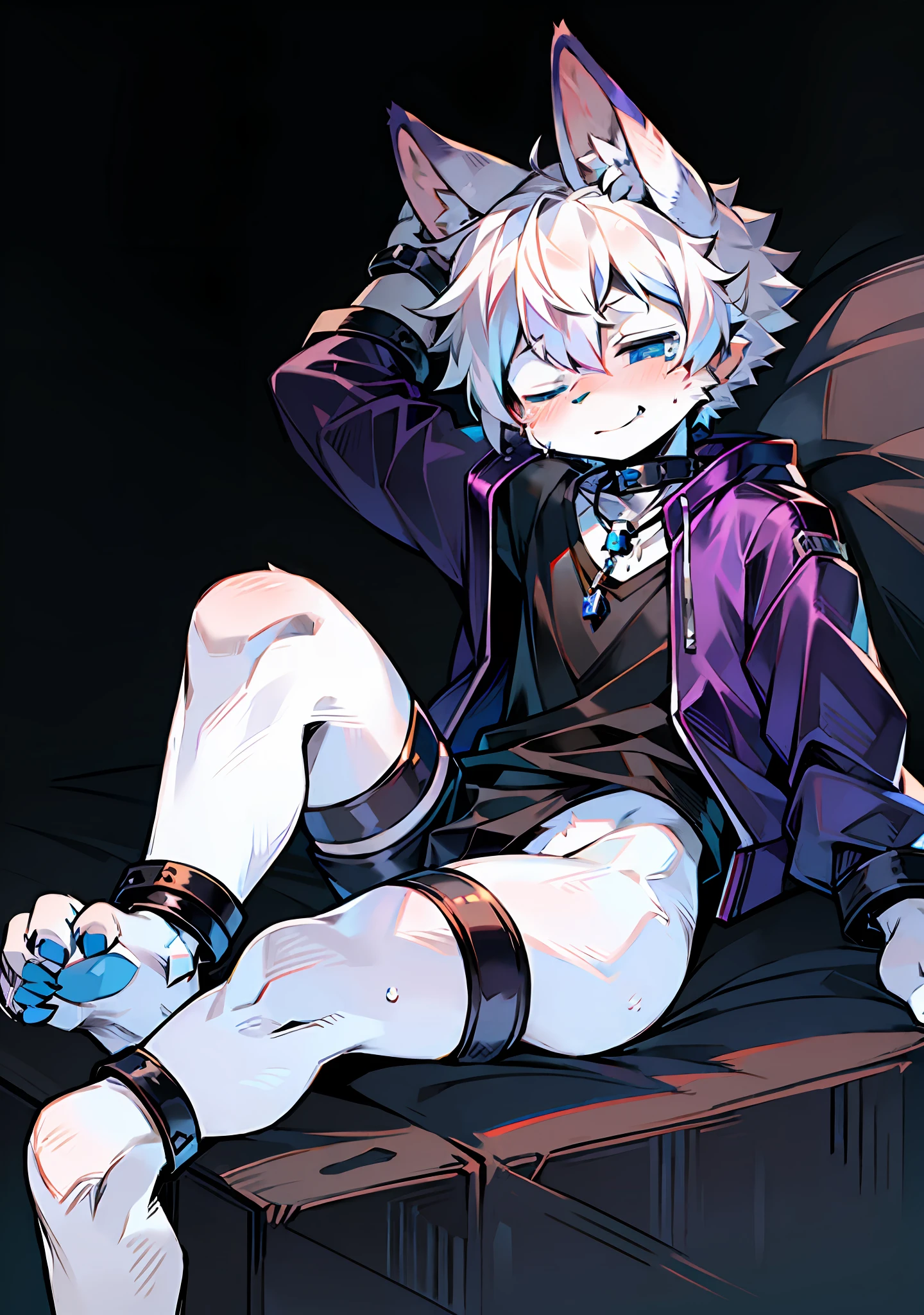 Male, shaggy, left hand bandage, smile, white hair, injured, shota, crying, blue eyes, black shirt, purple down jacket, leg cuffs, left ear pendant, blue pick dye, short hair, black background, slave, animal ear, thin, sleeping alone, four ears, right eye closed