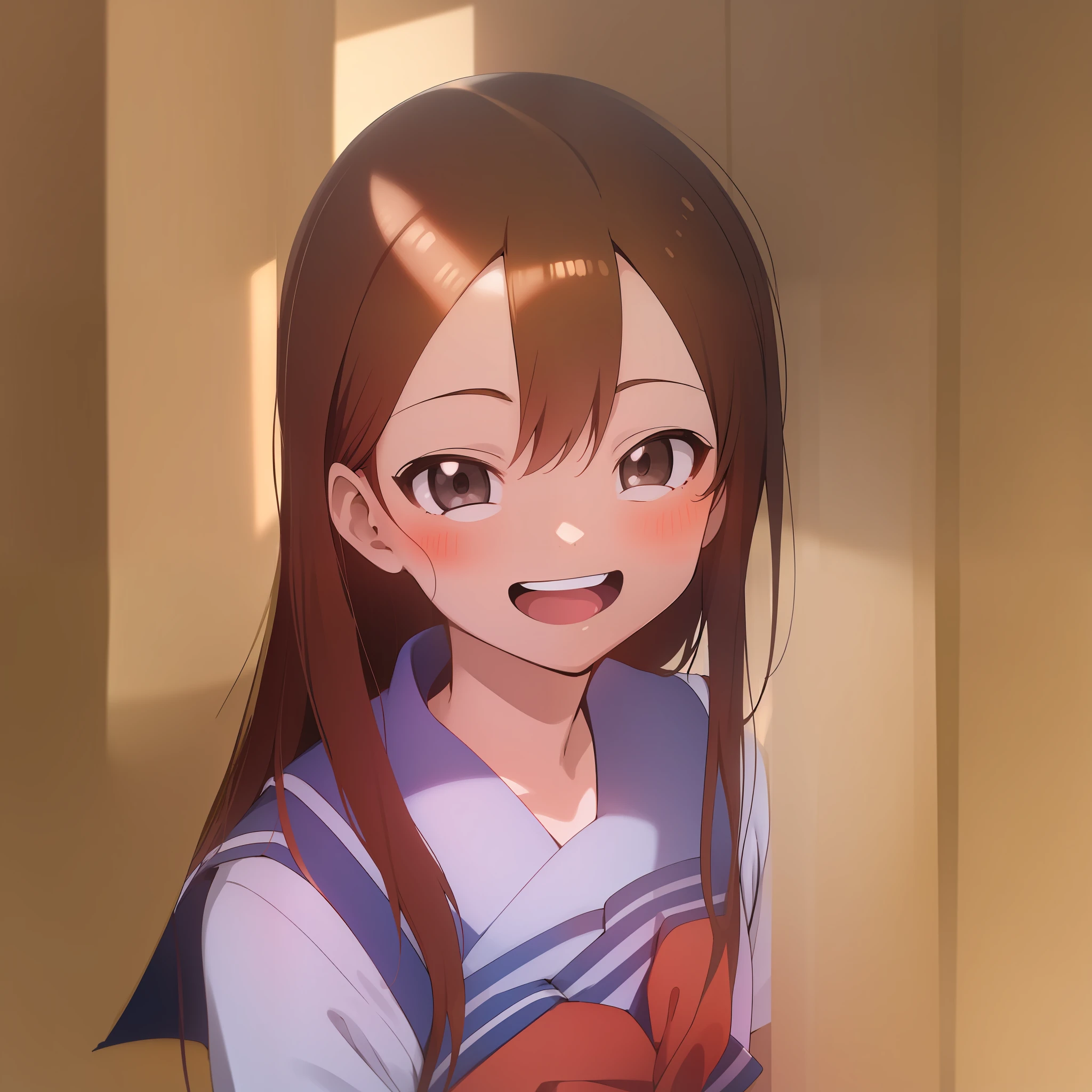 (Masterpiece, Superb Quality, Super Delicate, High Resolution), Female Focus, Elementary School Student, Emoji Laugh, (Japanese School Uniform), School, Background Details