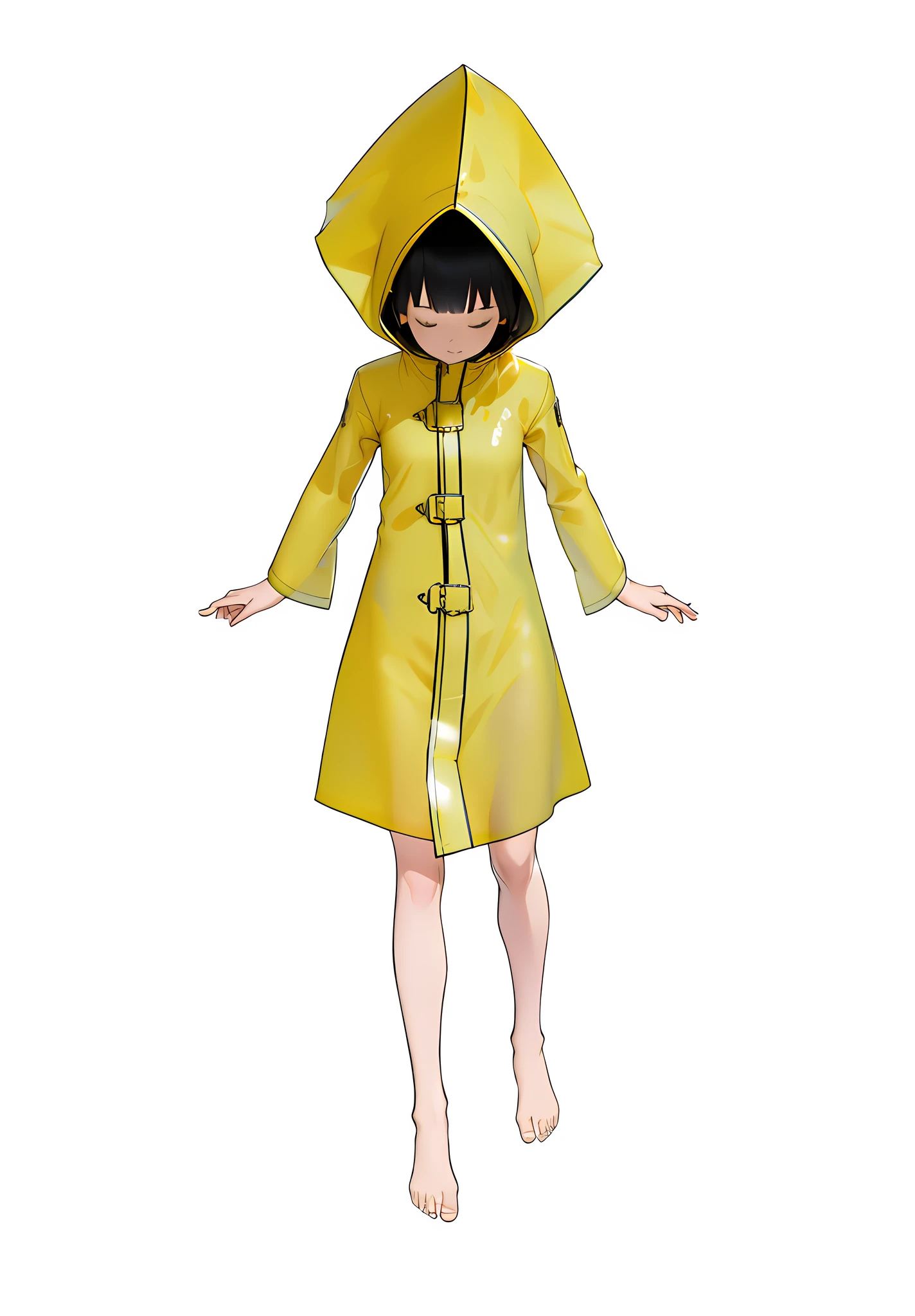 3D two-dimensional, a girl in a yellow raincoat, redrawing the light and shadow, highlighting the reflective texture of the raincoat, highlighting the texture of the gel coat. Accentuates the translucent texture of the raincoat, smooth skin and bare feet