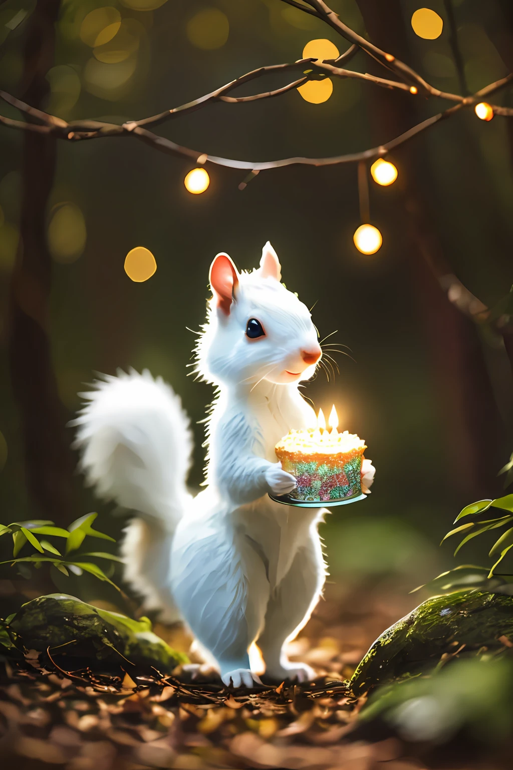 pure white squirrel cake hand-held, beautiful girl, light, bright smile, mysterious forest, shining light, glitter, bright, fun, happybirth letters, celebration, halo, best image quality, green glowing forest