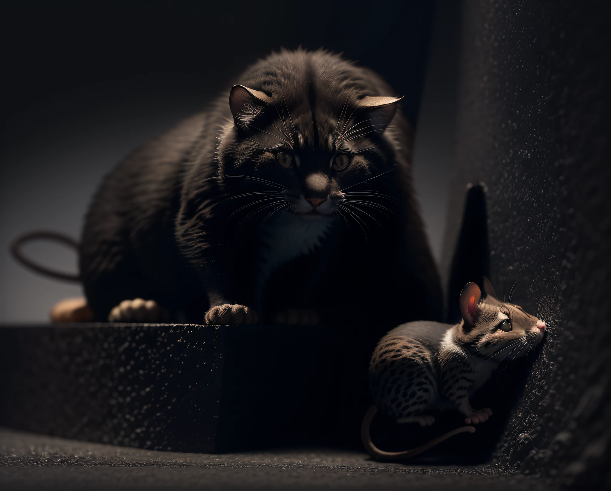 There's a big cat watching a small mouse. On a black and white background, 3d digital art, rodent mouse, minimalist digital image, 8k resolution.