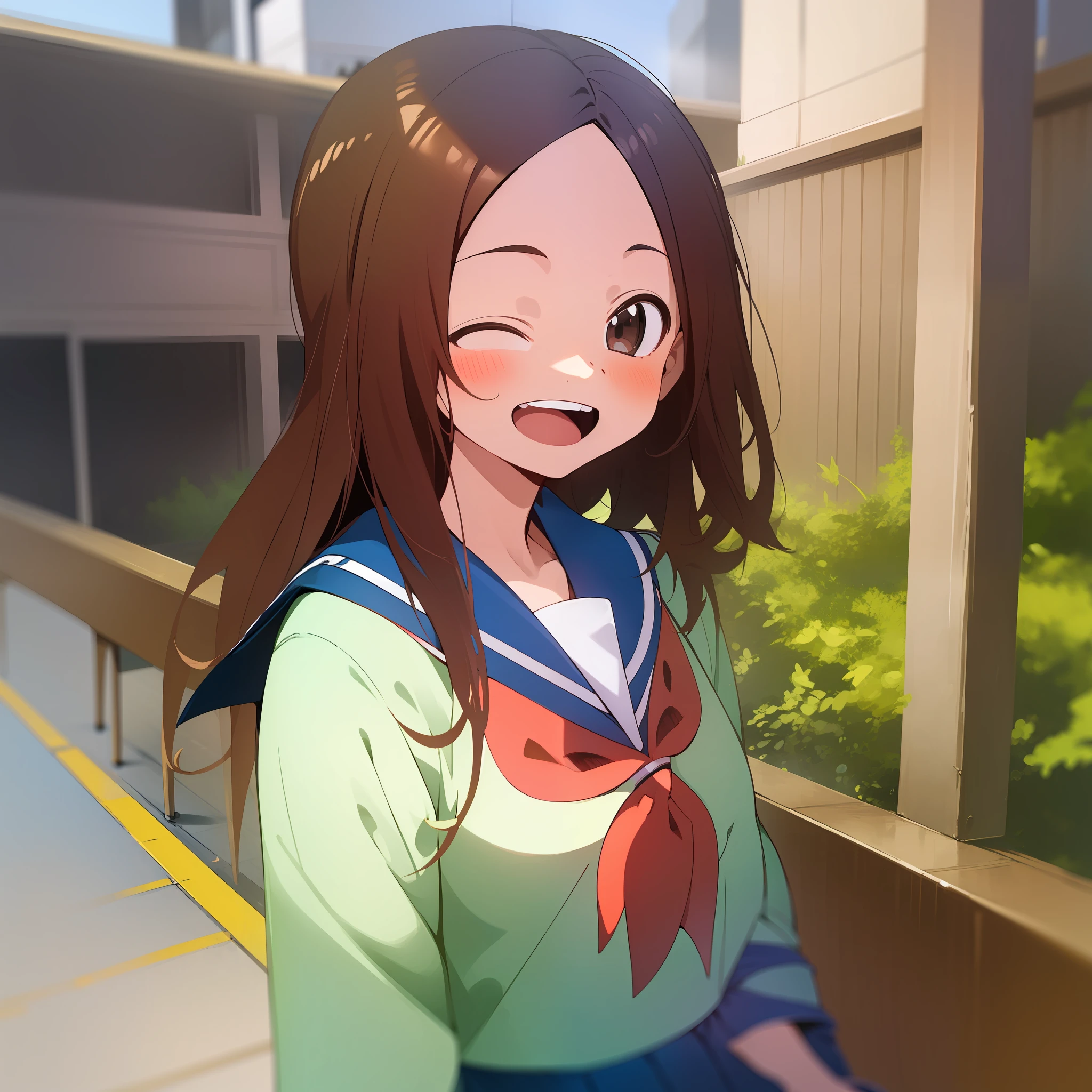 (Masterpiece, Superb Quality, Super Delicate, High Resolution), Female Focus, Elementary School Student, Emoji Laugh, (Japanese School Uniform), School, Background Details