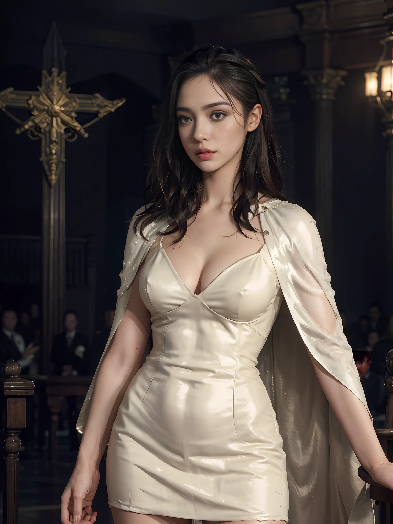 extremely beautiful girl, subtle makeup, silver hour, photorealistic, high contrast, 8k HD, detailed, hyper-detailed, realistic skin texture, blonde hair, huge chest, neckline, best quality, ultra high res, raw photo, dramatic lighting, unreal engine, intricate diffuse glow eaba silver, black cape, king's hall, standing