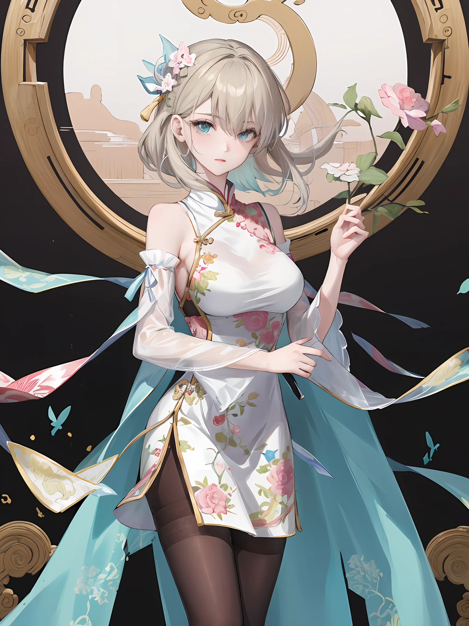 masterpiece,best quality,ancient Chinese style.1 female,tender wifely,solo;detailed face,highly detailed clothes,azure qipao,long flaxen hair,shoulders,slender legs,large breasts,white pantyhose,pantyhose lace side,pale pink lips,embroidered dress,standing,shy on face.{best quality},{{masterpiece}},{highres},original,extremely detailed wallpaper,{an extremely delicate and beautiful}.