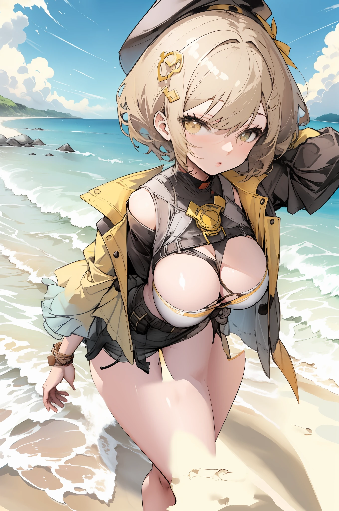 Exposed thick legs, standing on the beach sand, above point of view
