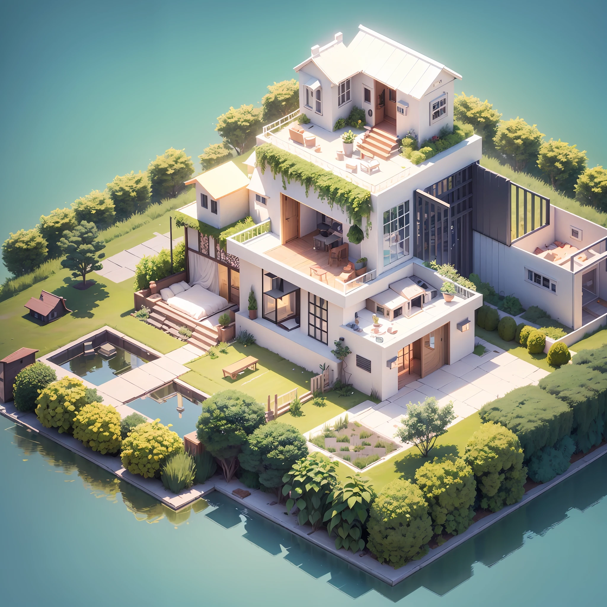 sometric house, pure white background, (isometric 3D), (masterpiece), (very detailed CG unity 8k wallpaper), (best quality), (best illustration), (best shadow), a lovely, modern cottage, octane rendering, ray tracing, ultra-detailed, furnished --auto --s2