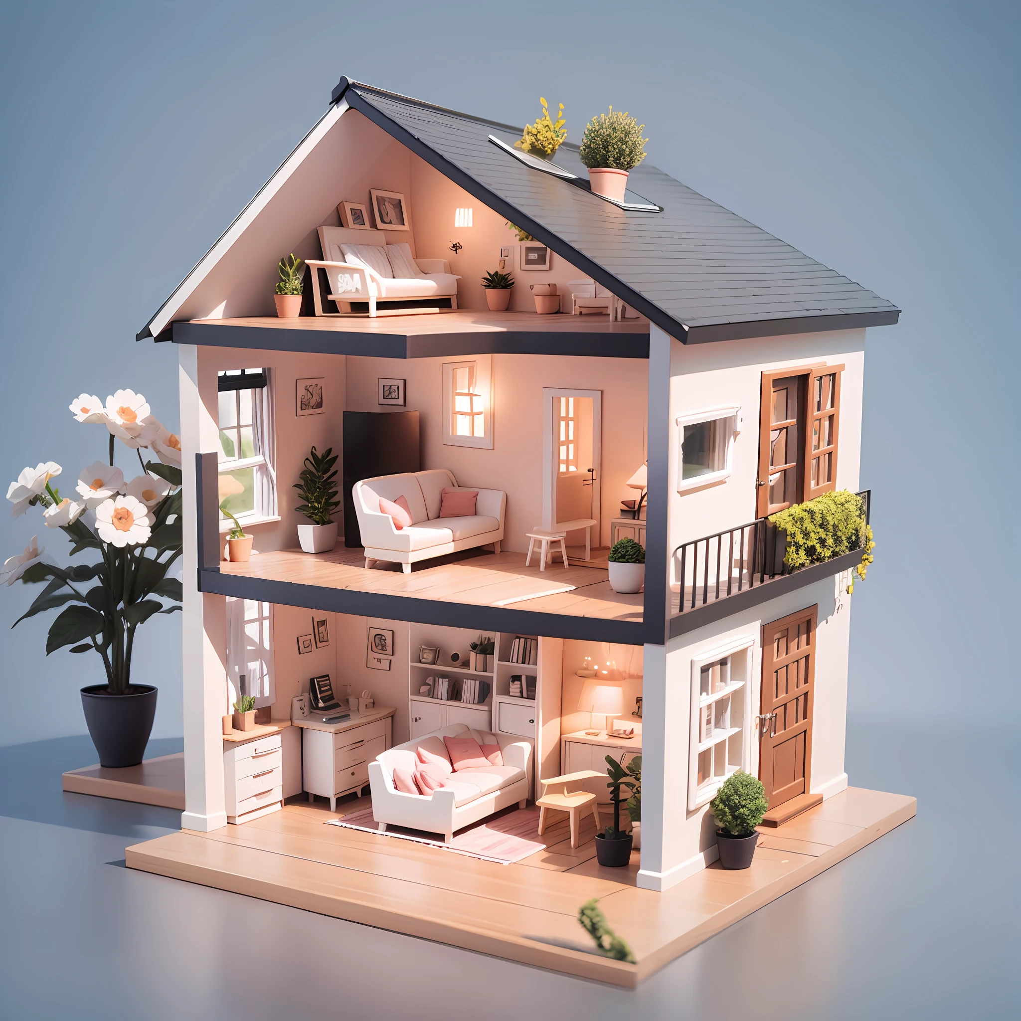 Small single storey dollhouse with furniture, modern style, mini, 3D --auto --s2