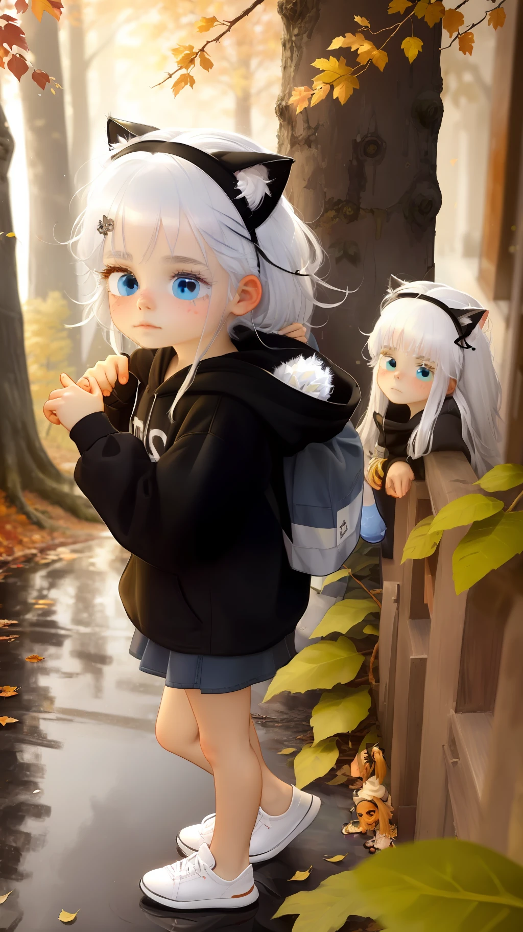 A girl, (1 person: 1.9, furry human furry: 1.3), white hair, cat ears, hoodie: 0.9, night, headband, blue eyes, bicolor hair, cloudy night, fallen leaves, autumn forest: 0.9, super high resolution